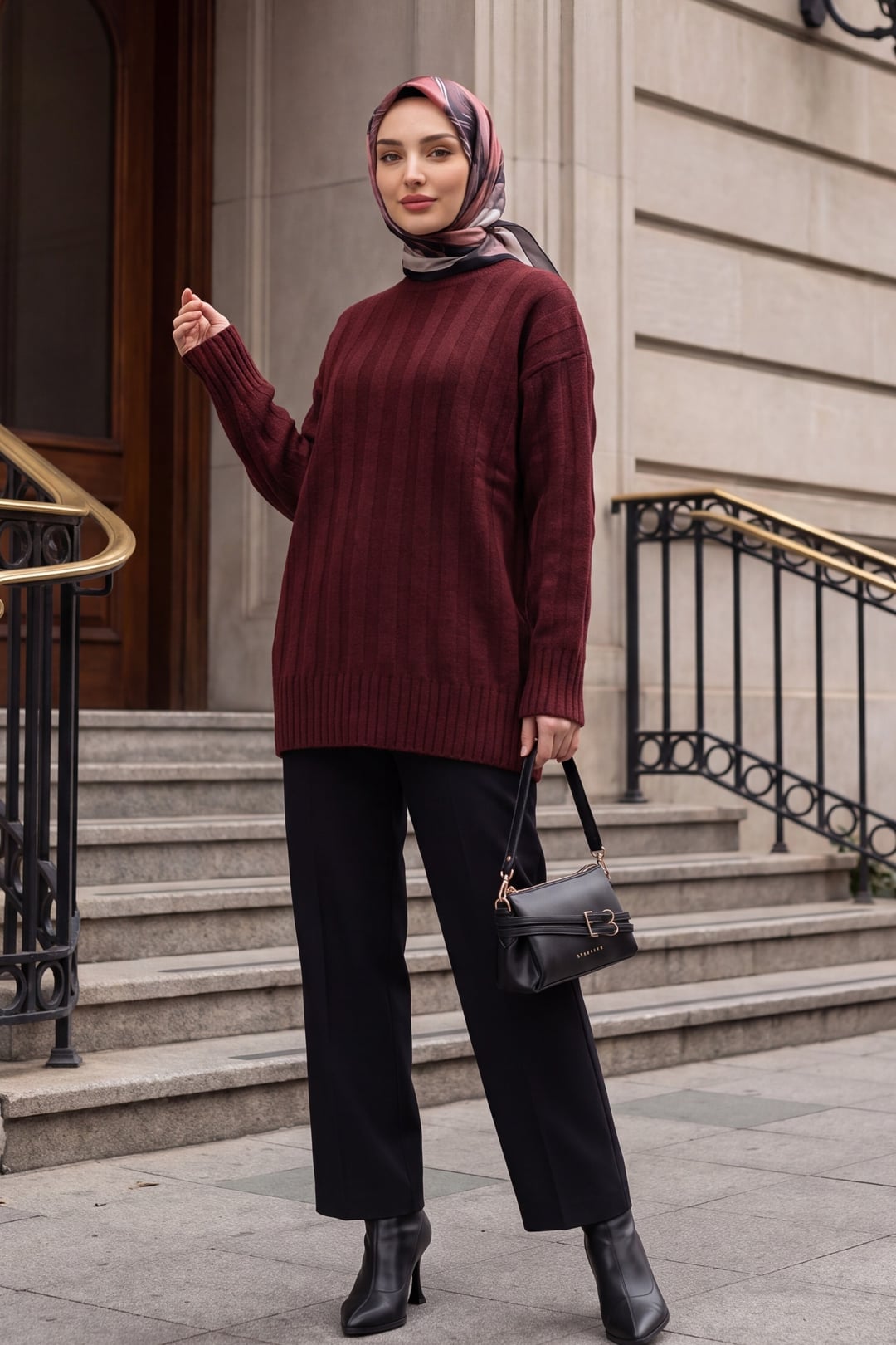 Half-Collar Striped Soft Knit Sweater - Burgundy - Podyumplus - by Peralane - photo 3