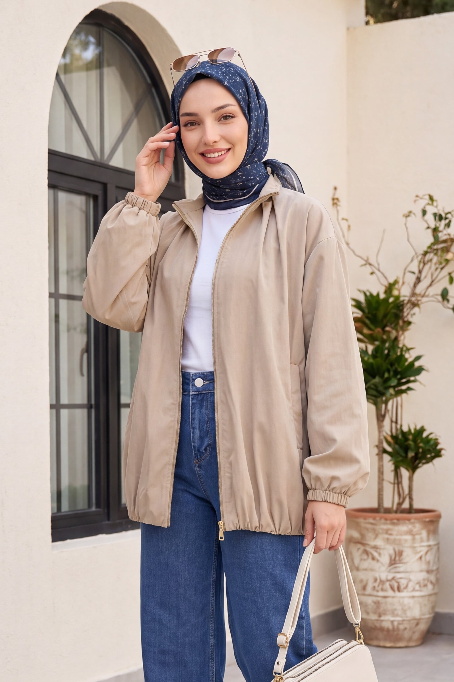 Beige Zip-Up Stand Collar Lined Parachute Jacket with Elasticated Cuffs and Hem - Podyumplus - by Peralane - photo 4