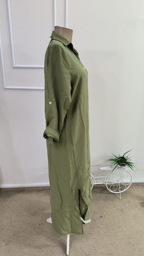 Women's Long Sleeve Collared Button-Front Relaxed Fit Long Dress - Olive Green - Janes - by Peralane - photo 5