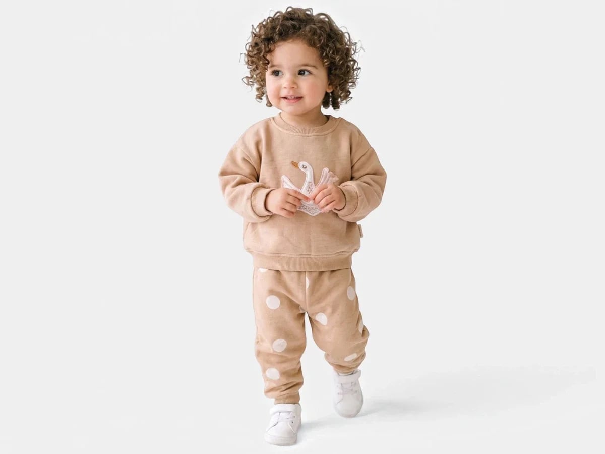 Girls' Swan Print Brushed Cotton Sweatshirt and Trousers Set - Beige - Vovido - by Peralane