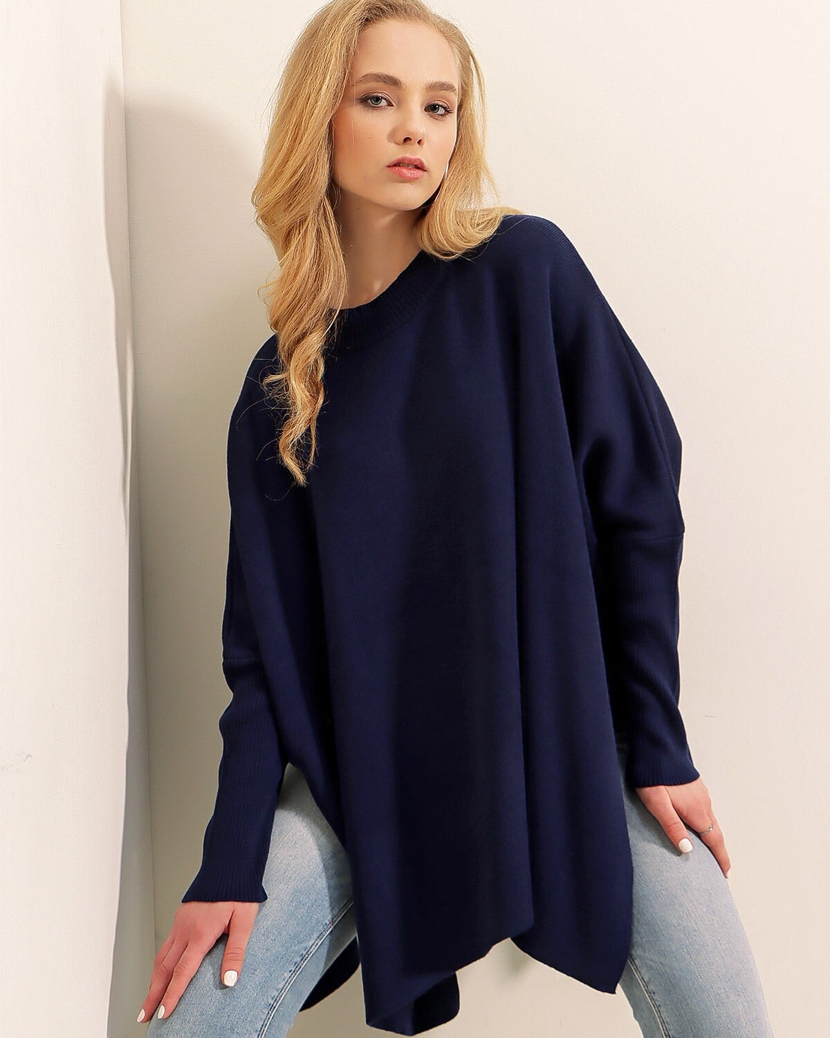Side Slit Oversize Poncho Knit Sweater - Navy Blue - Wholeskop - by Peralane - photo 8
