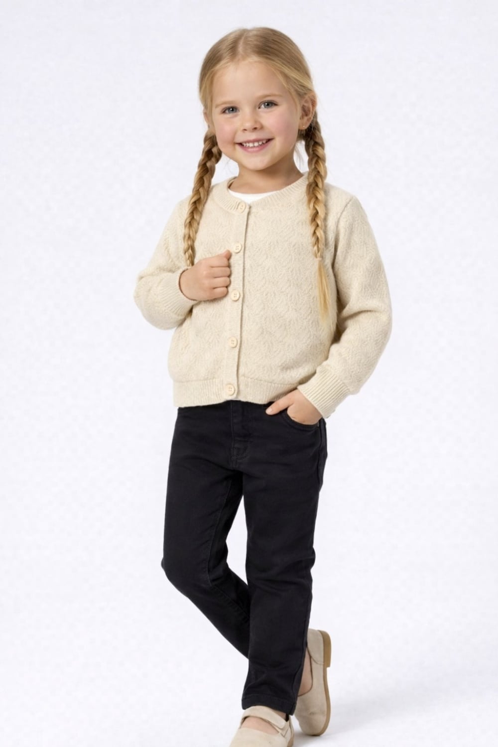 Girls' 3-Piece Baby Set - Ecru Knit Cardigan, Top, and Pants - Has Bereket - by Peralane