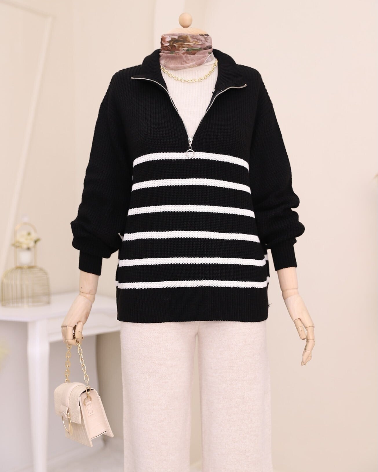 Half-Zip Striped Knit Sweater - Black - Podyumplus - by Peralane - photo 3