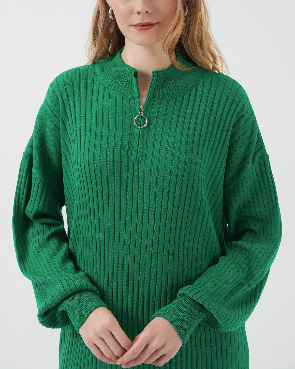 Long-Sleeved Full-Length Green Ribbed Knit Dress with Mock Neck and Quarter-Zip - Bigdart - by Peralane - photo 3
