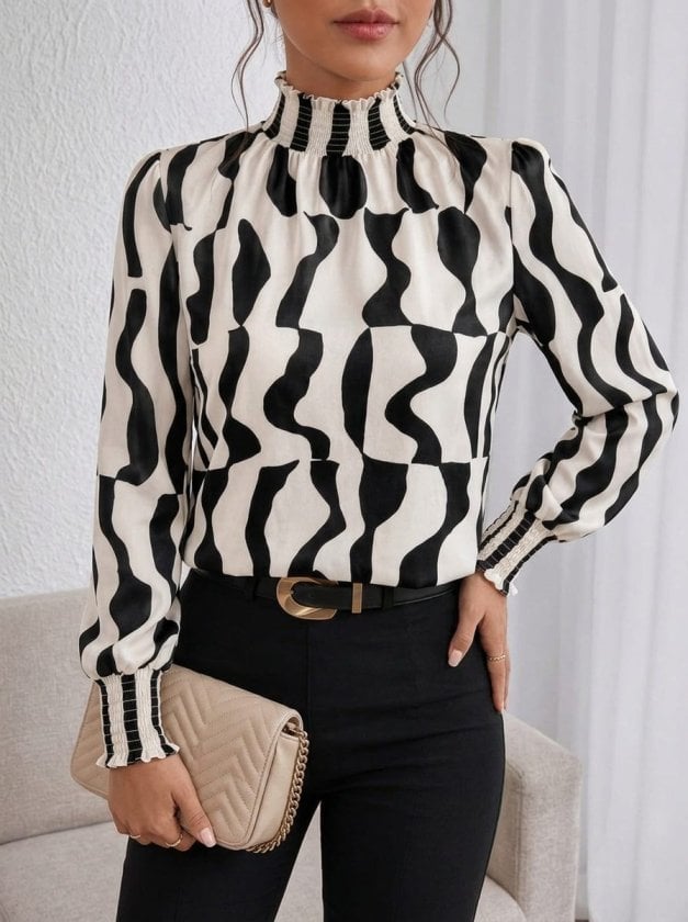 Women's Long-Sleeved Smocked Neck Blouse with Abstract Print - Janes - by Peralane - photo 2