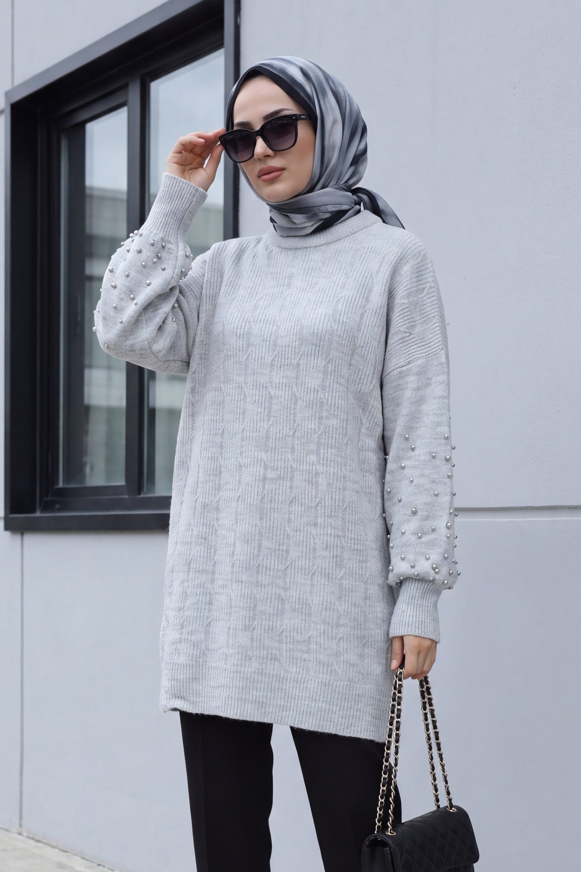Pearl Sleeve Patterned Relaxed Knit Tunic - Light Grey - Podyumplus - by Peralane - photo 2