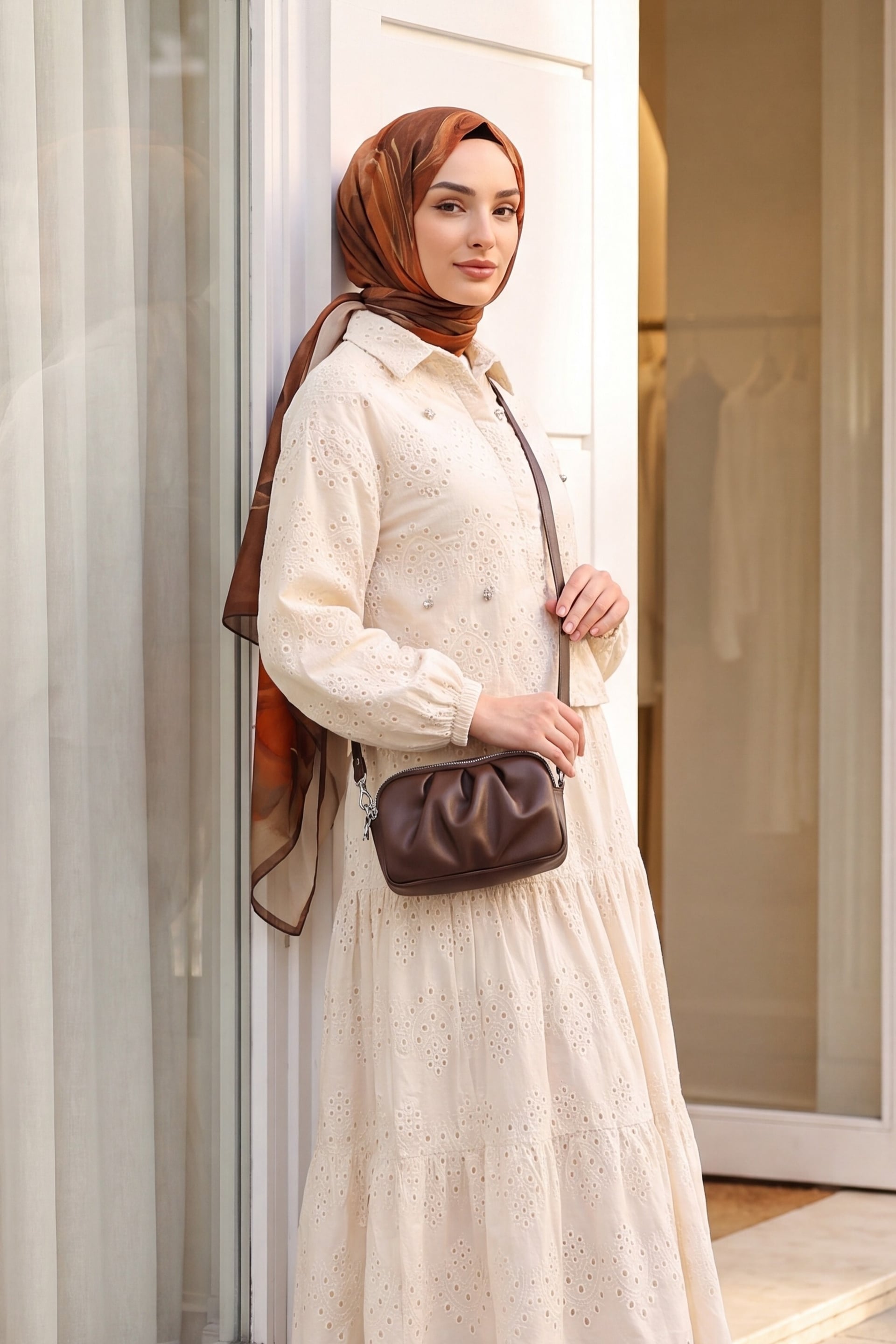 Beige Flounced Long Skirt Suit Set with Shirt Collar for Women - Podyumplus - by Peralane - photo 4