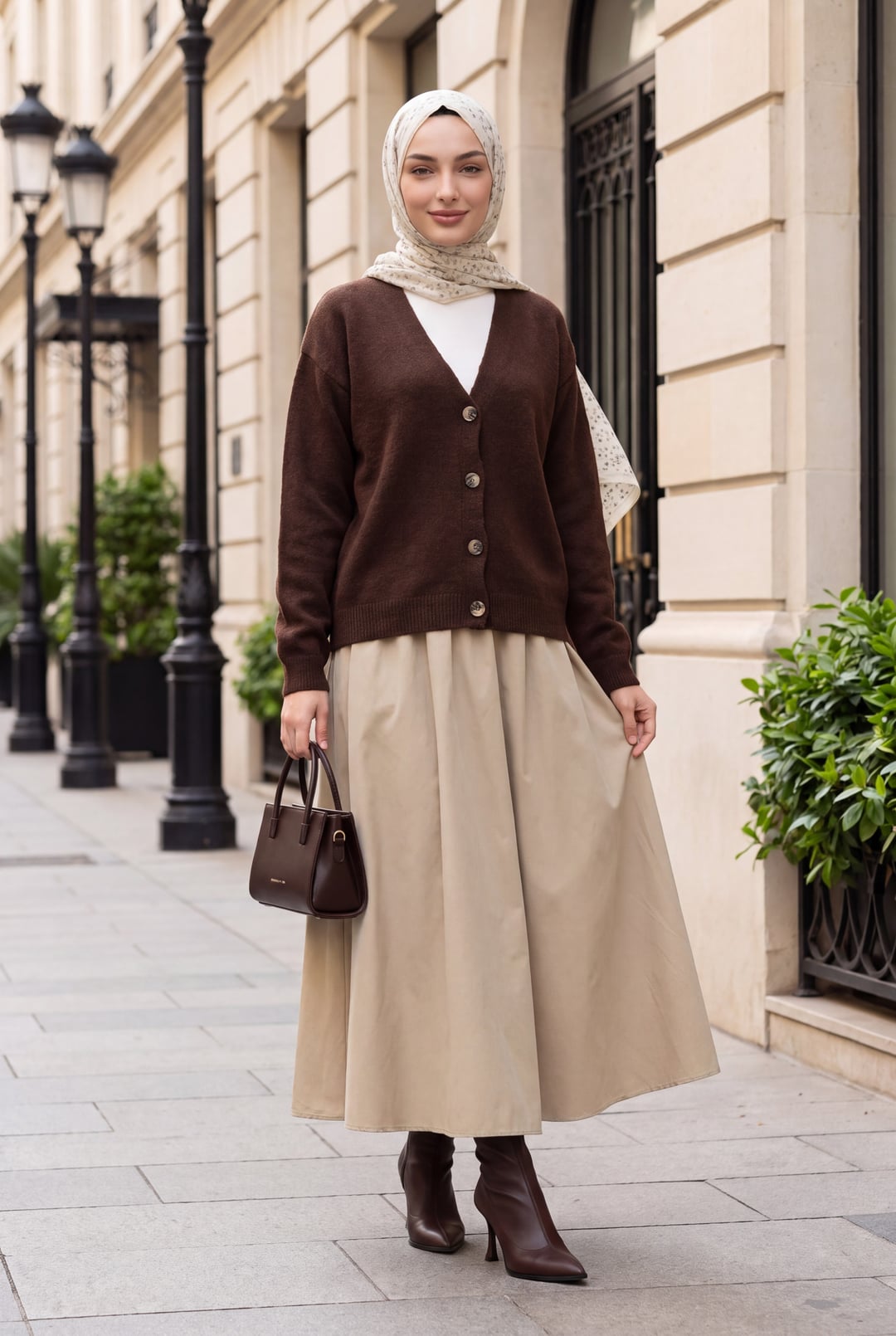 Button-Front V-Neck Soft Knit Cardigan - Brown - Podyumplus - by Peralane - photo 4