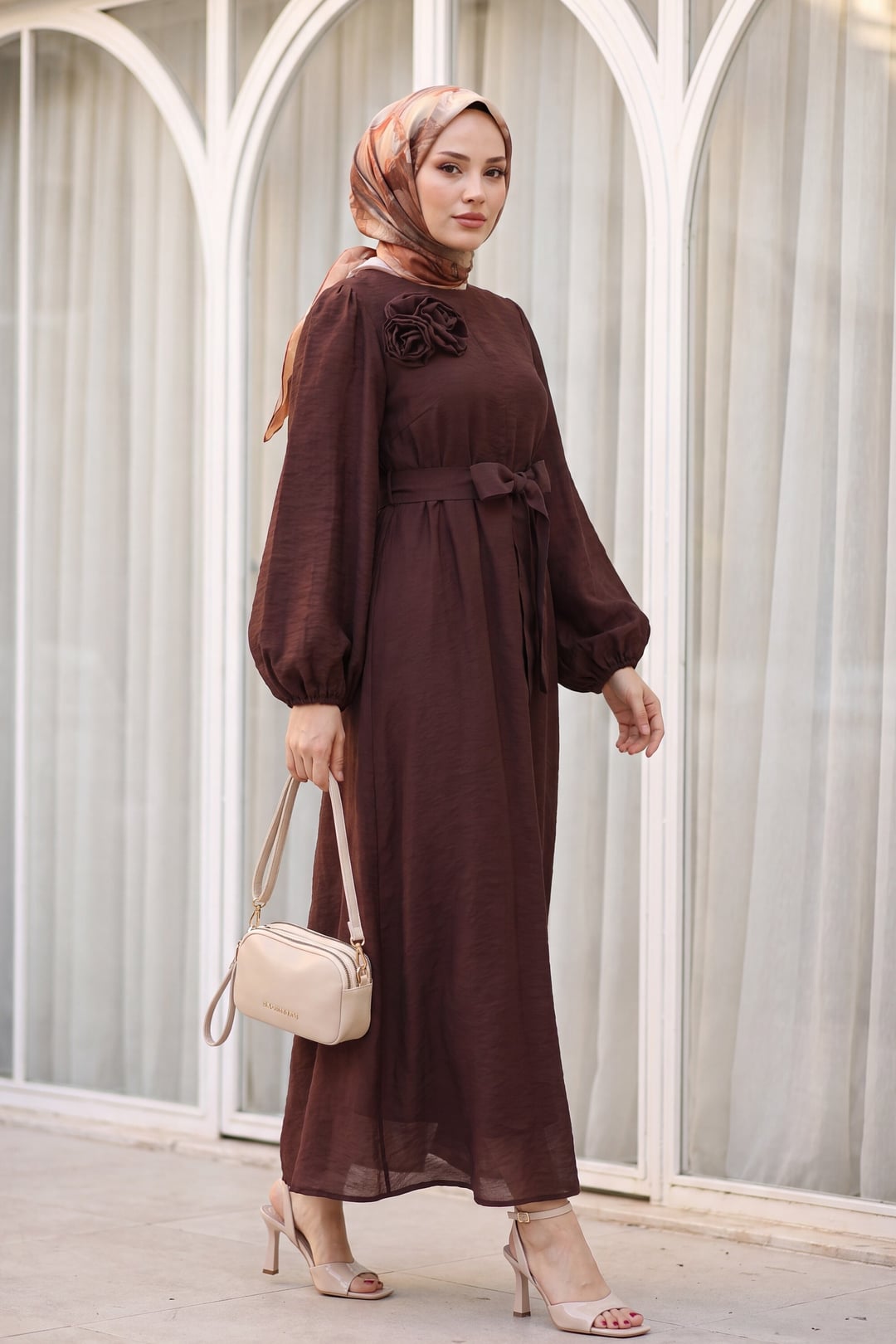 Brooch Detail Belted Lined Balloon Sleeve Tulle Voile Dress - Plum - Podyumplus - by Peralane - photo 5