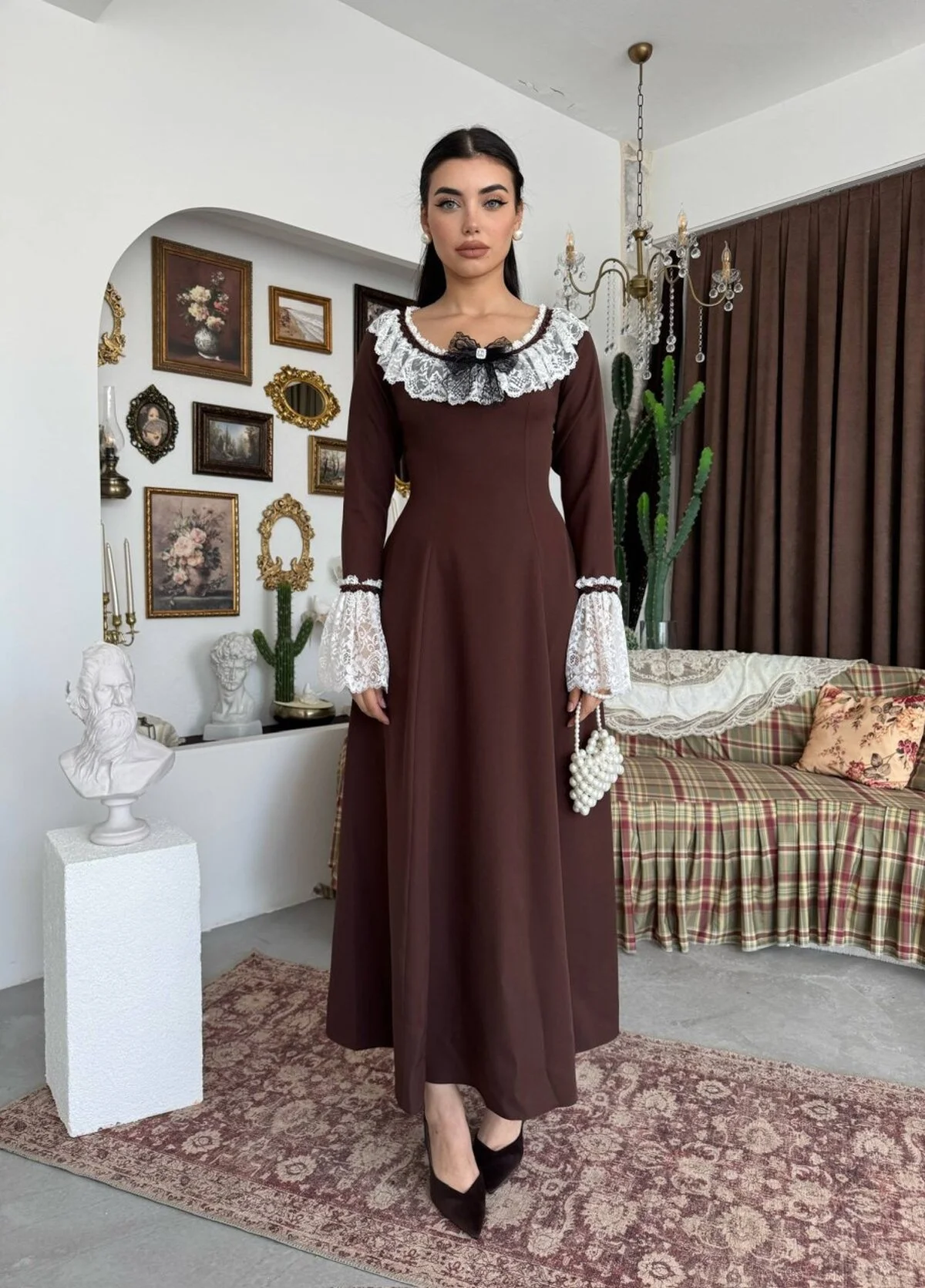 Brown Long-Sleeved Knit Dress with Lace and Bow Detail - Etika - by Peralane - photo 8