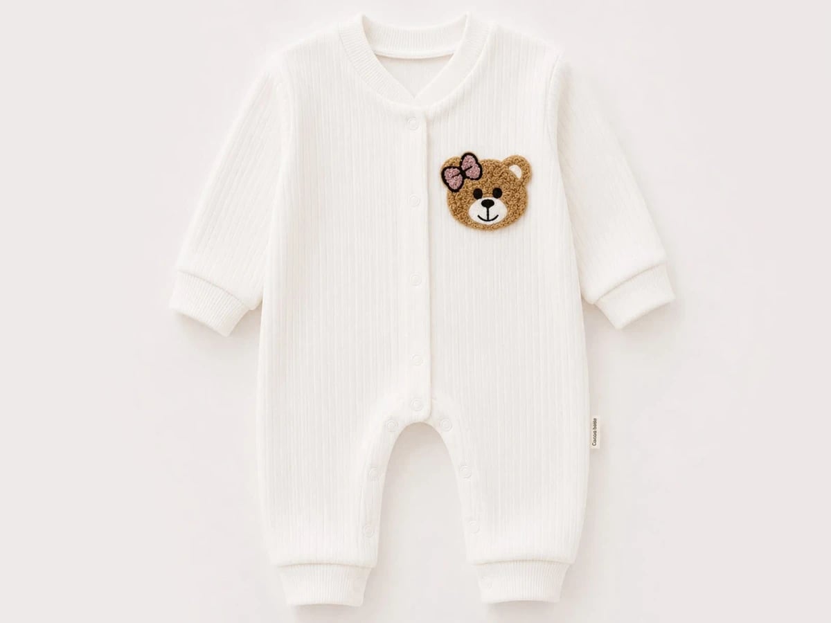Baby Girl Romper with Teddy Bear Applique - White, Pack of 3 - Supermini - by Peralane