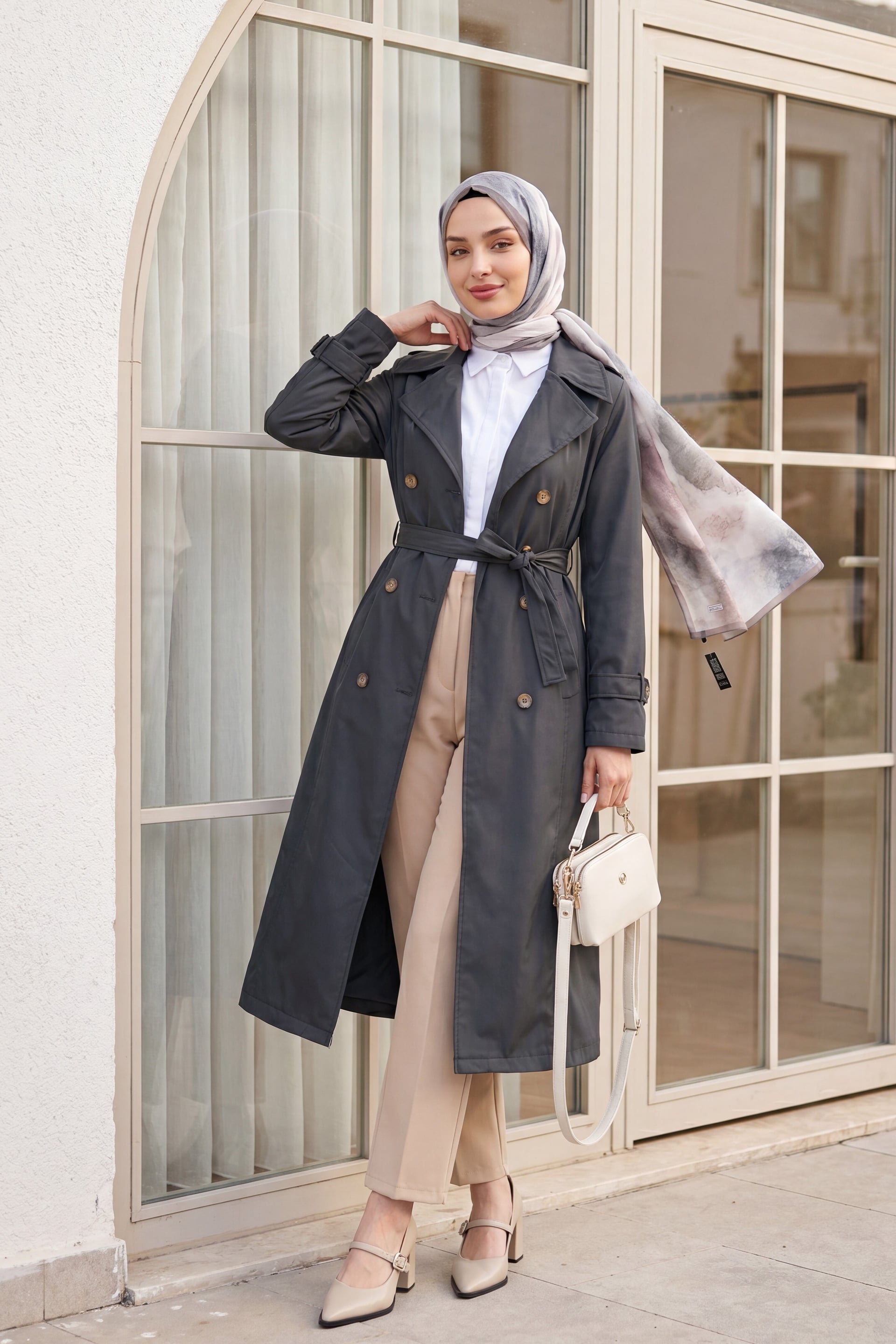 Lined Belted Trench Coat - Dark Grey - Podyumplus - by Peralane - photo 2