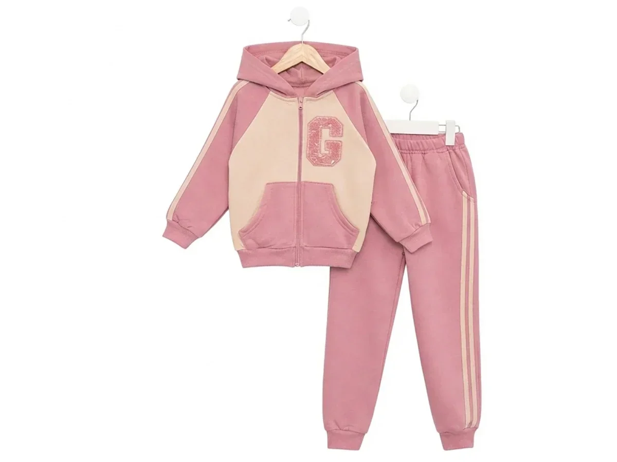 Girls' Hooded Zip-Up Jacket and Trousers Tracksuit Set - Dusty Pink - Feely Kids - by Peralane