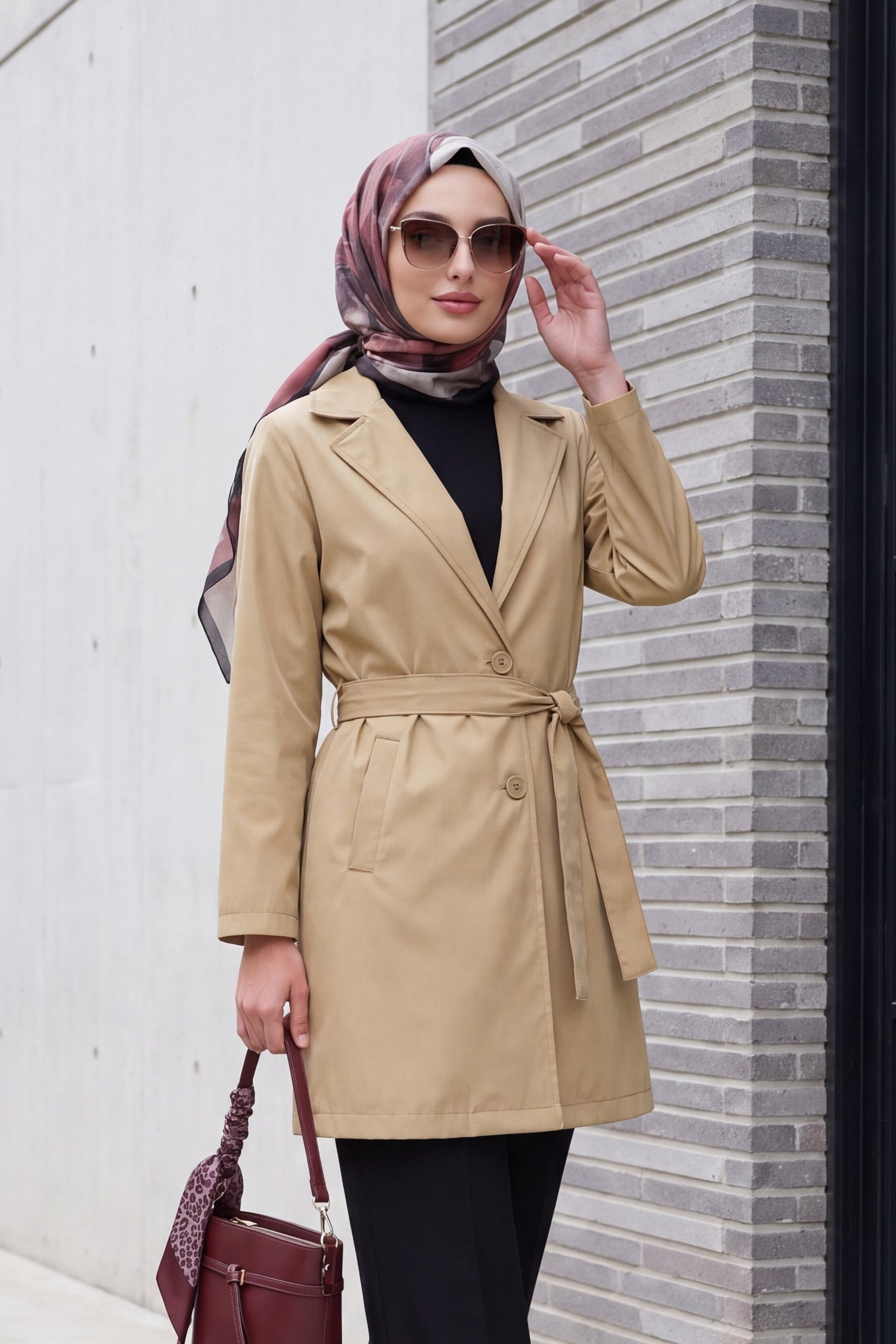 Women's Belted Short Trench Coat - Light Beige (Haki) - Bigdart - by Peralane - photo 2