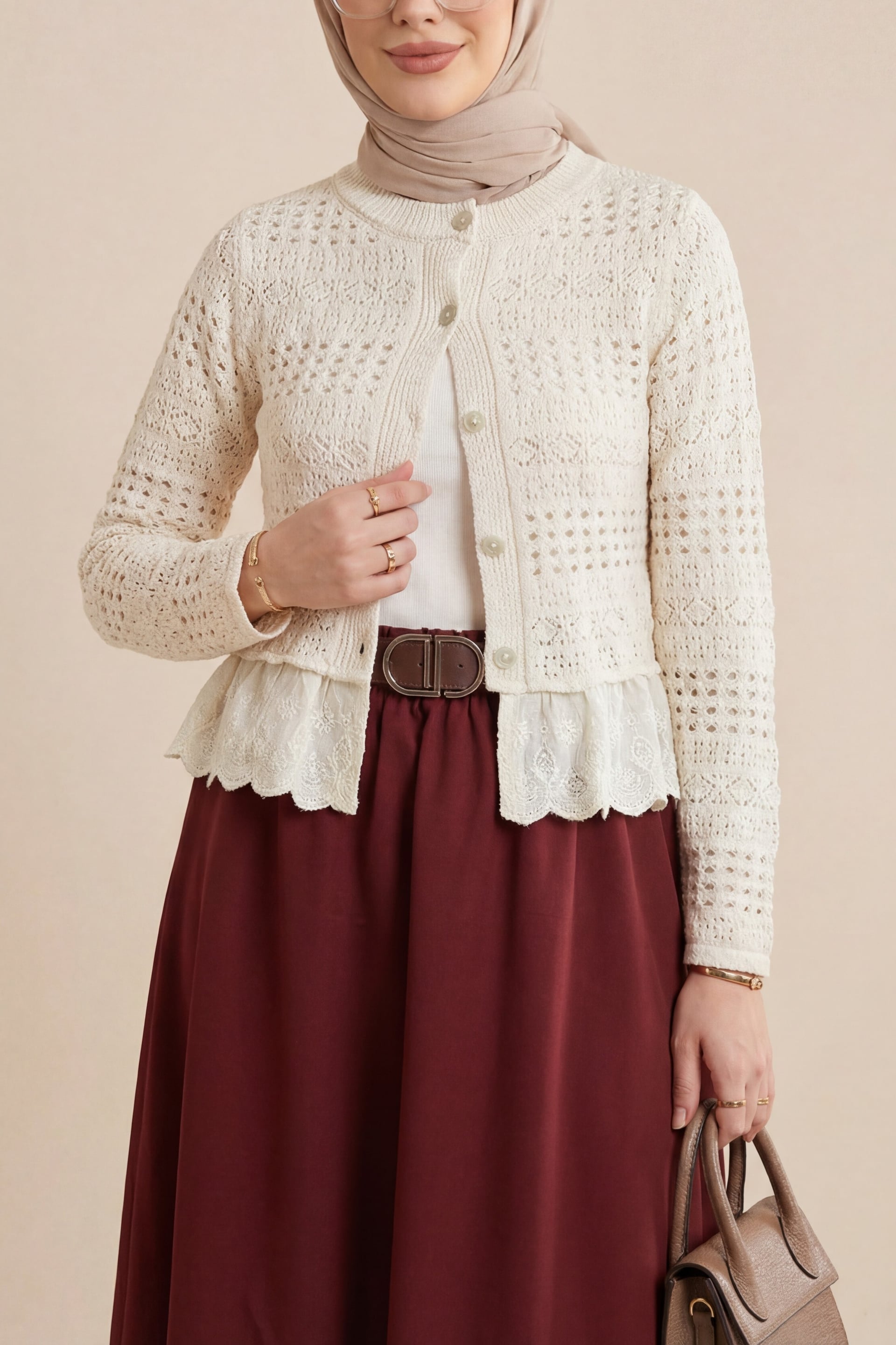 Burgundy Elasticated Waist Soft Gabardine Skirt with Stitching Detail and Lining - Podyumplus - by Peralane - photo 4