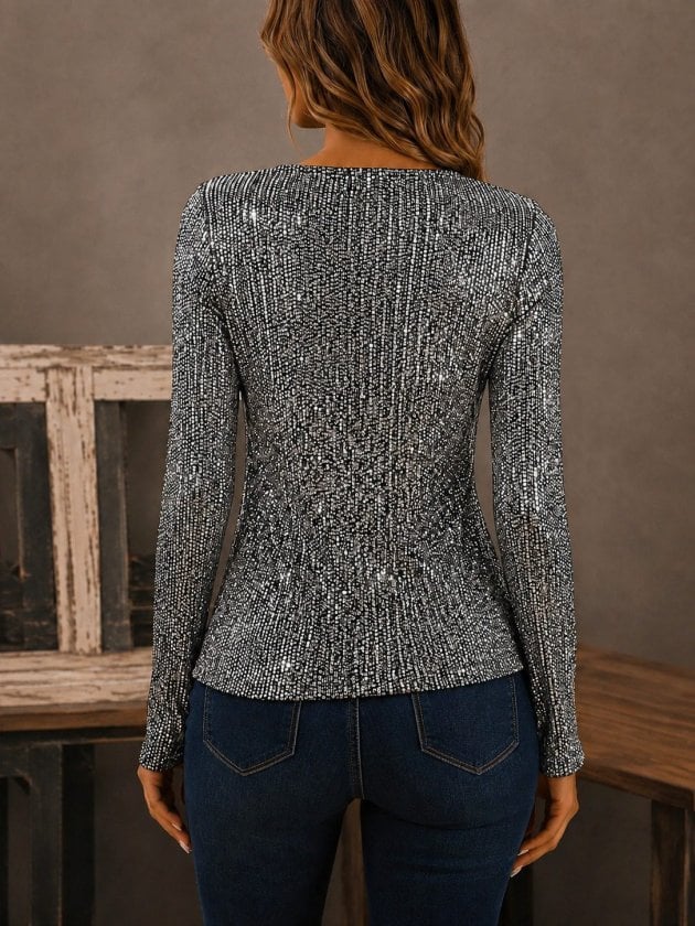Women's Long-Sleeved V-Neck Sequin Blouse - Janes - by Peralane - photo 2