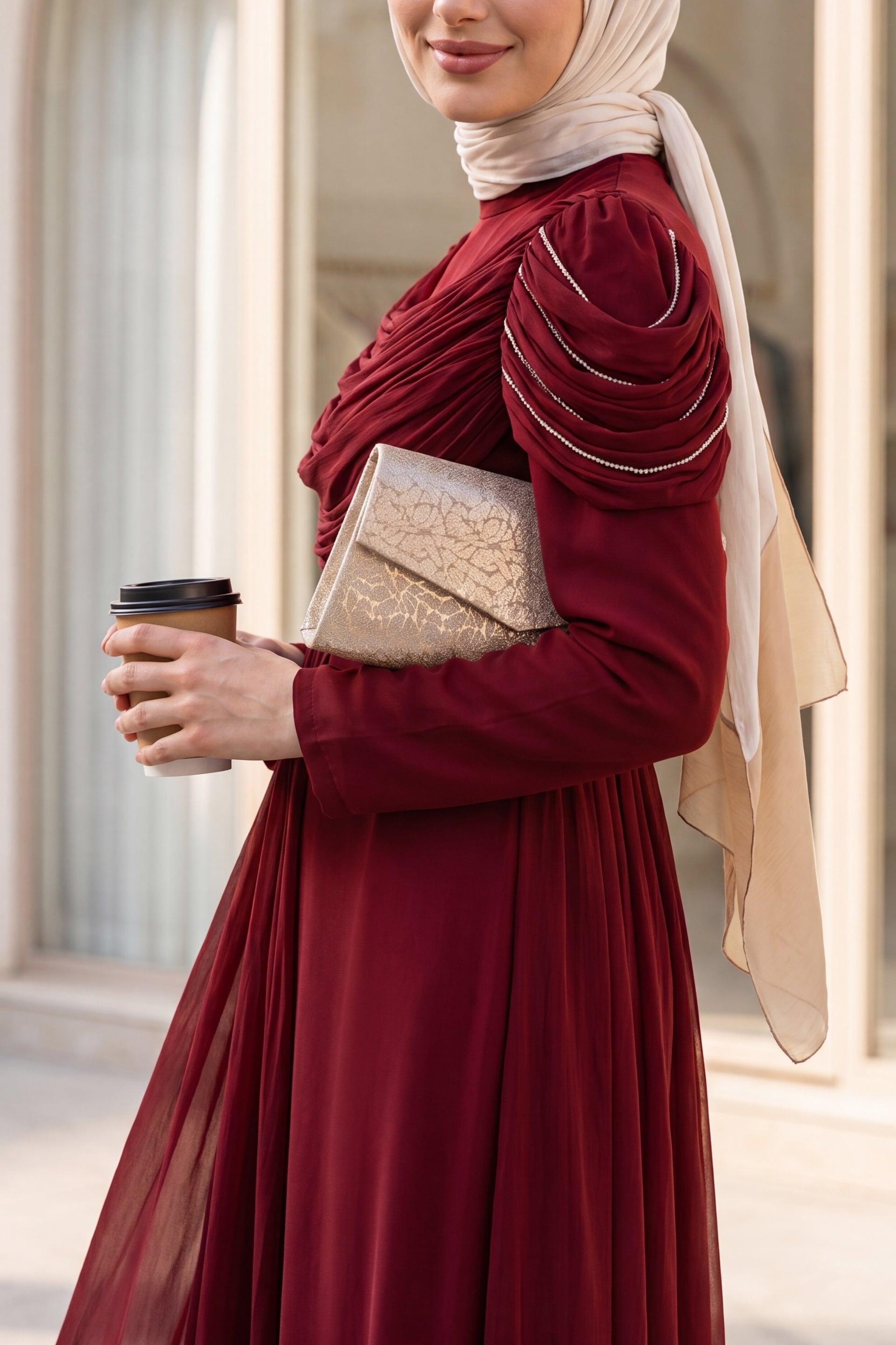 Burgundy Satin Evening Dress with Stone-Embellished Shoulders and Pleated Detail - Podyumplus - by Peralane - photo 4