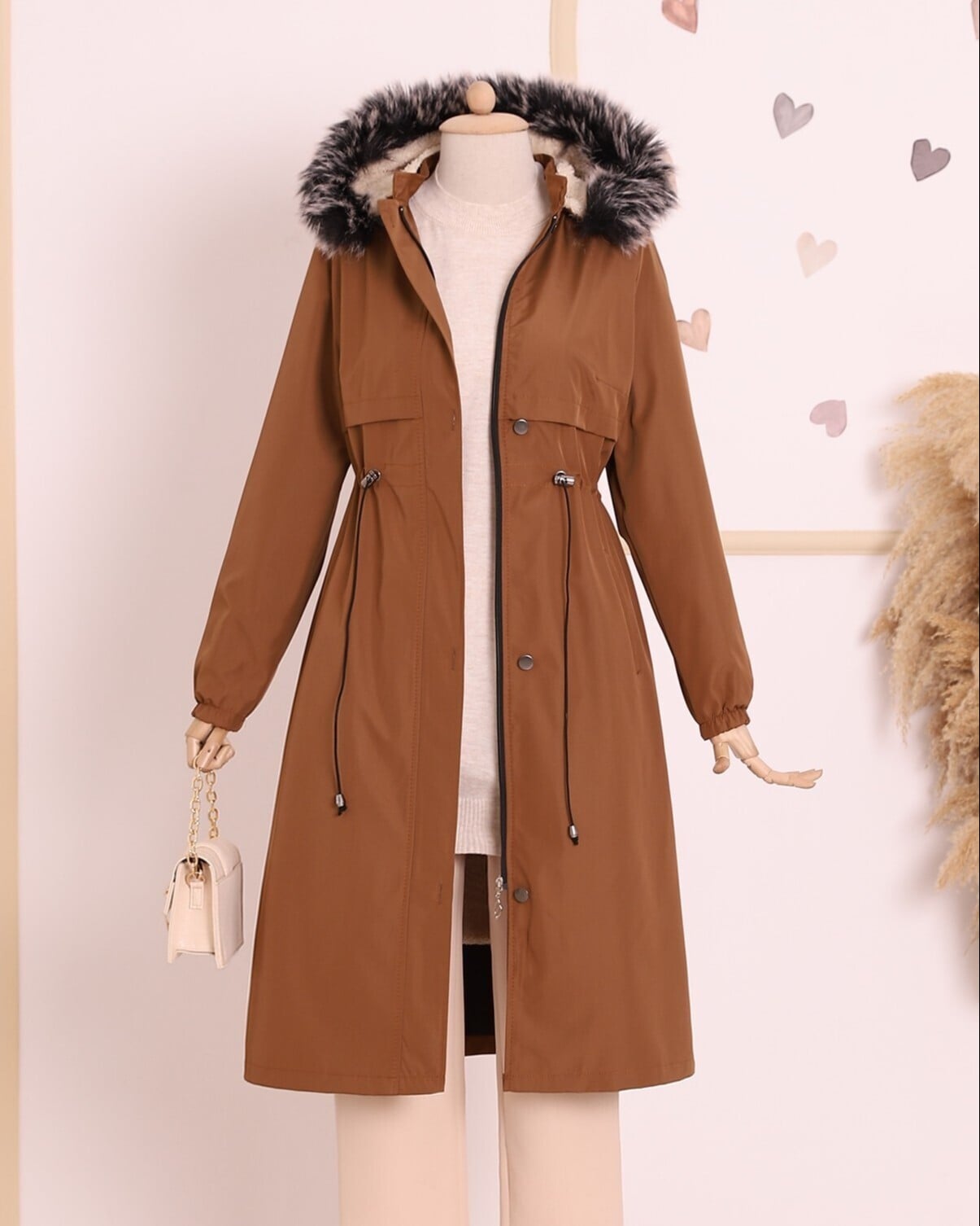 Women's Taba Long Drawstring Hooded Coat with Faux Fur Trim - Podyumplus - by Peralane - photo 5