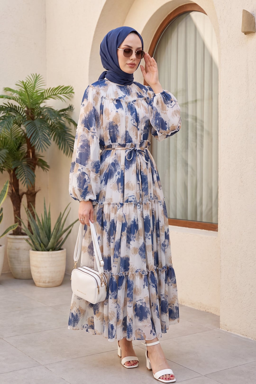 Patterned Lace-Up Lined Paneled Chiffon Dress - Indigo - Podyumplus - by Peralane - photo 5