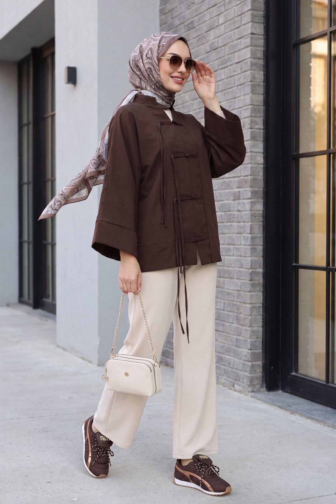 Women's Mandarin Collar Parachute Kimono - Brown - Podyumplus - by Peralane - photo 7