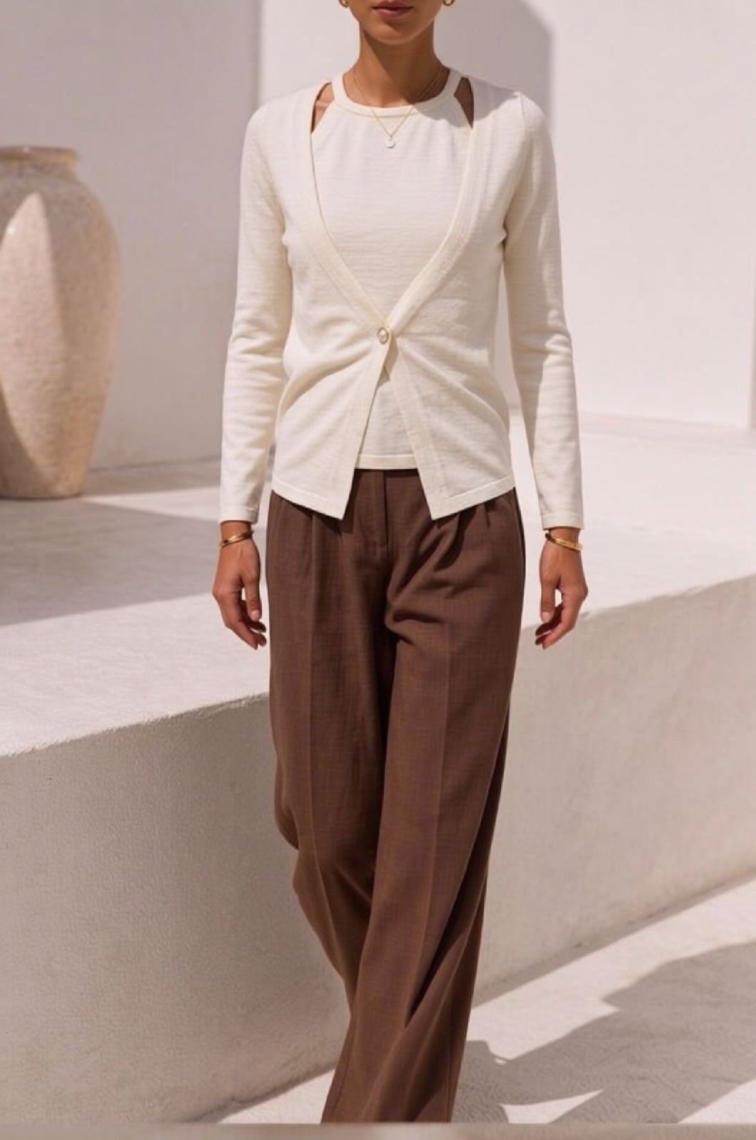 Cream Textured Knit Cardigan with V-Neck and Wrap Front - My Bee - by Peralane - photo 3