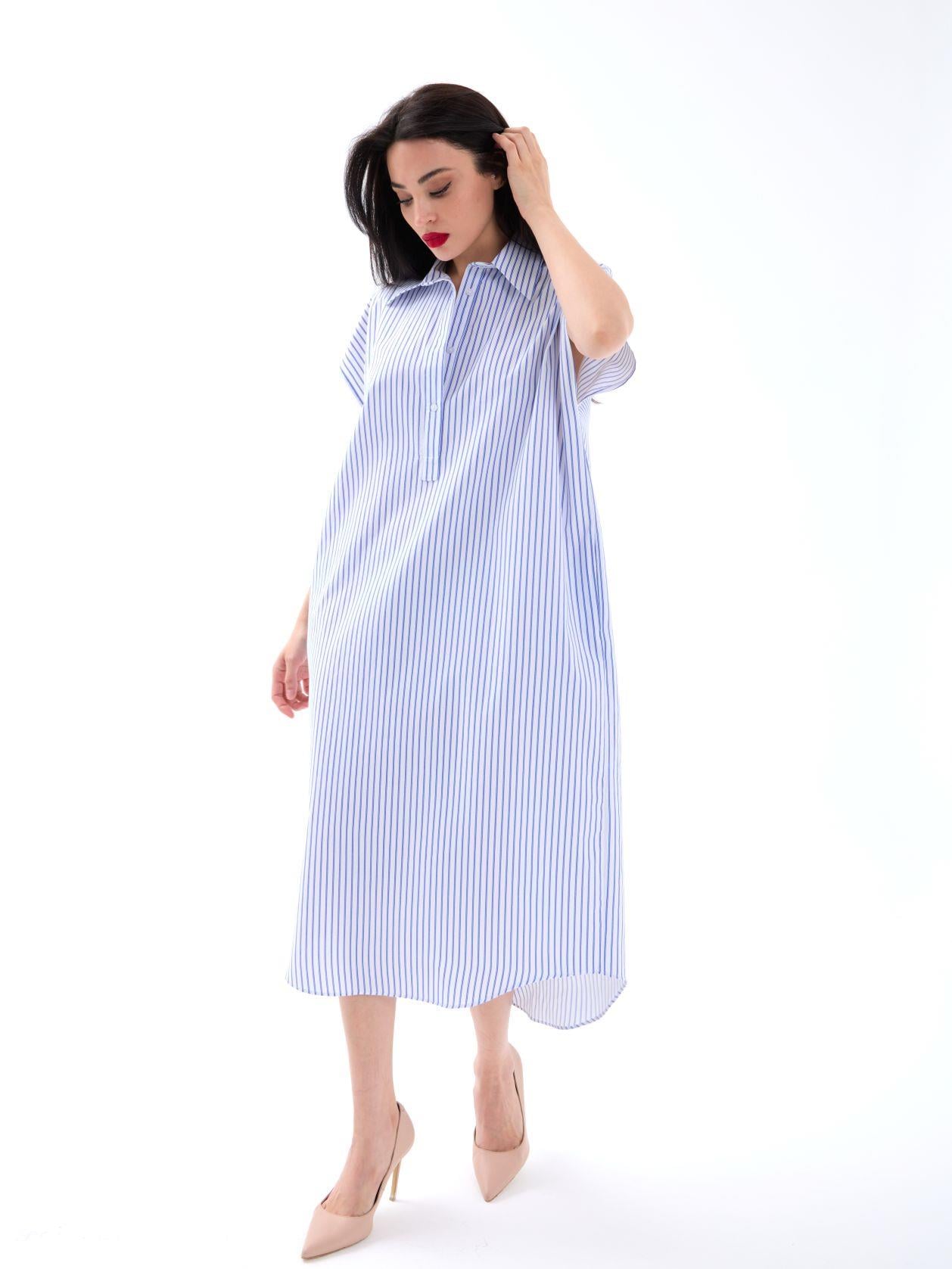 Blue and White Striped Shirt Dress with Short Sleeves - Fame - by Peralane - photo 5