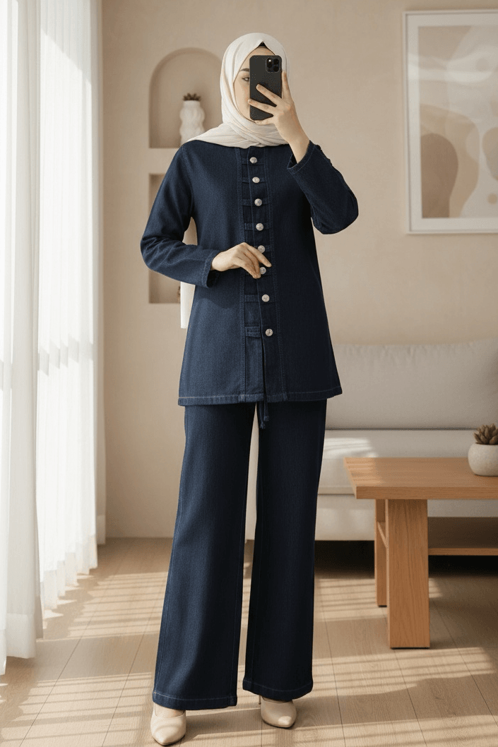 Button-Front Denim Tunic and Wide-Leg Trousers Set - Navy - Podyumplus - by Peralane