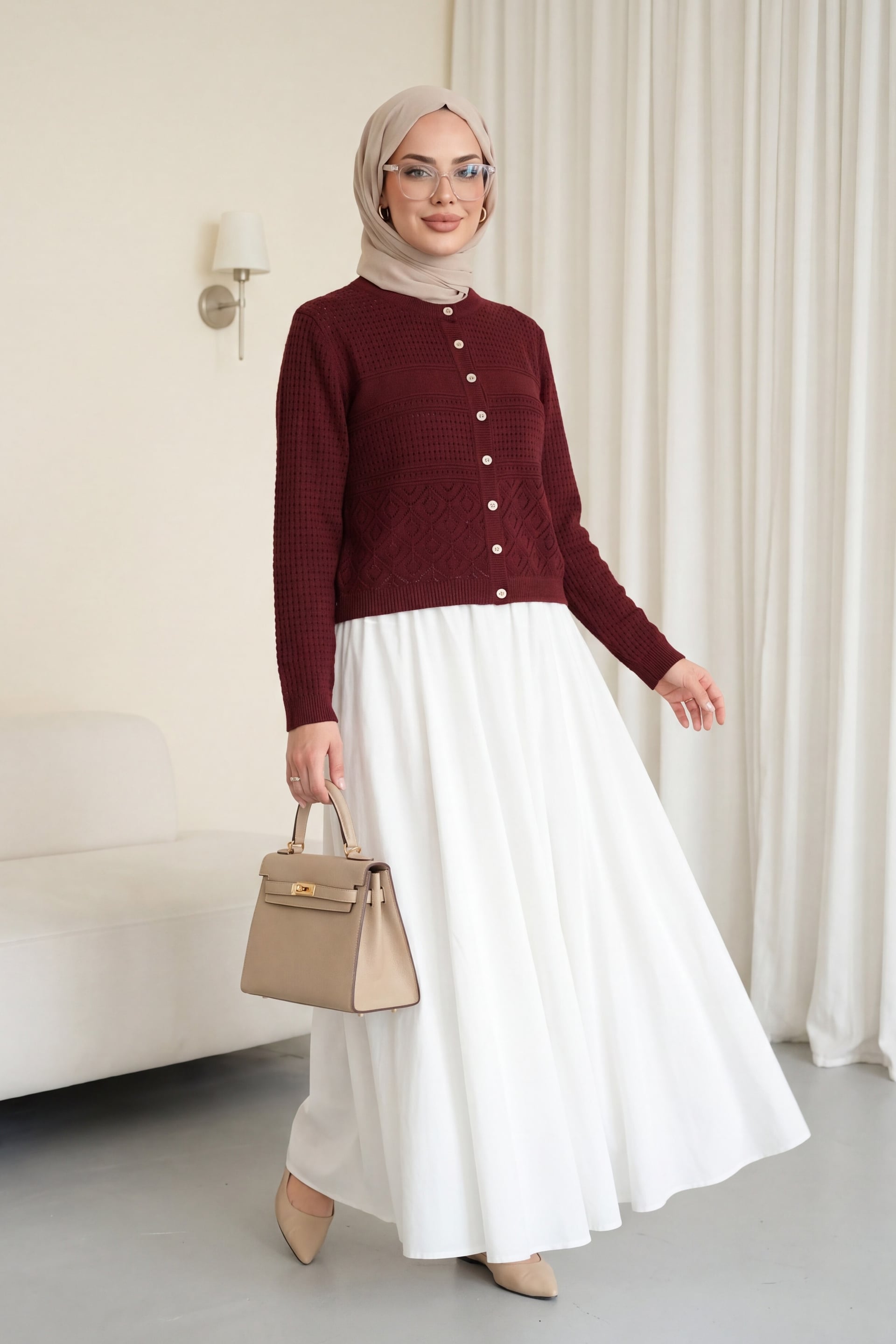 Round Neck Buttoned Knit Cardigan - Maroon - Podyumplus - by Peralane - photo 2