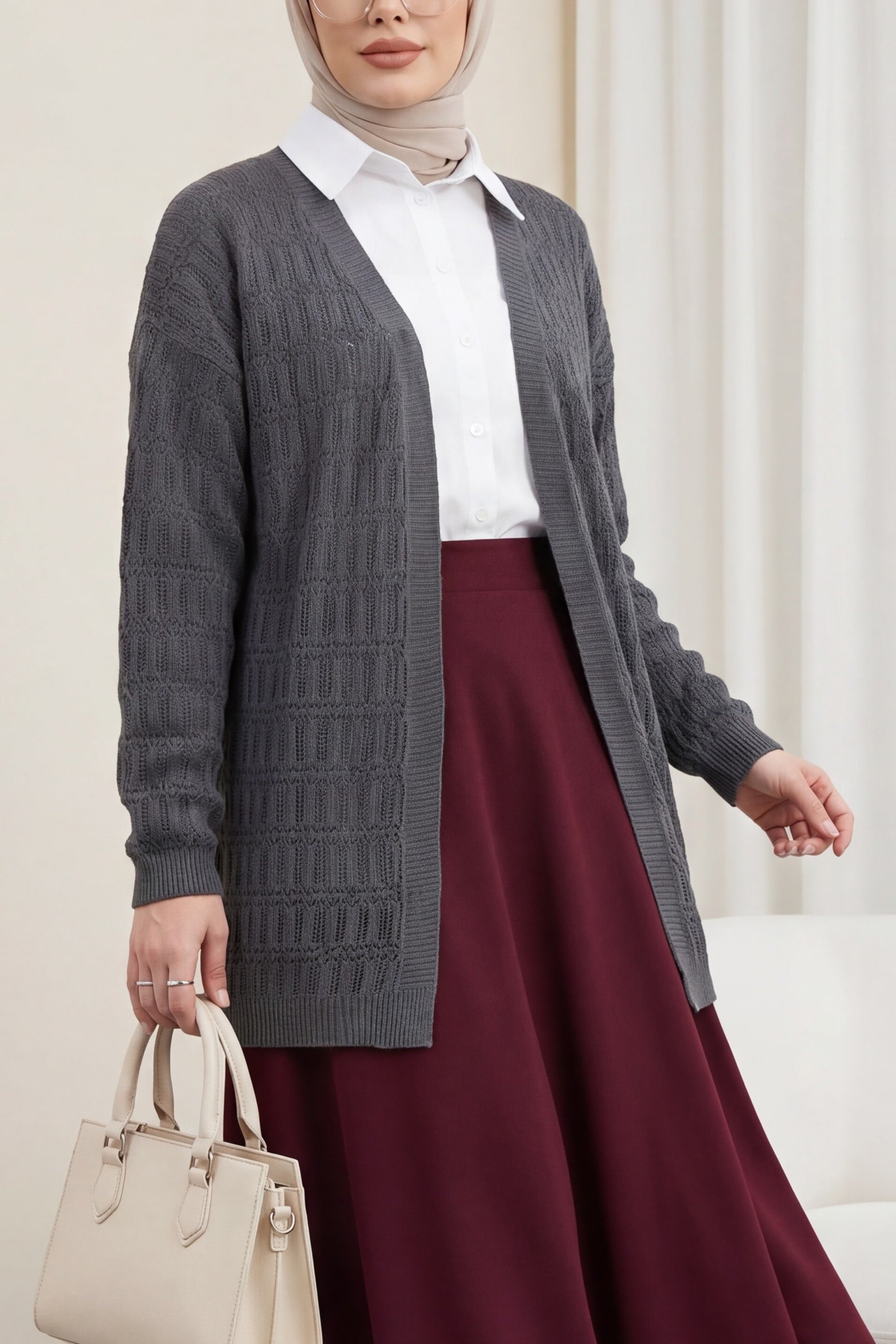 Ajour Patterned Spring Cardigan - Smoke - Podyumplus - by Peralane