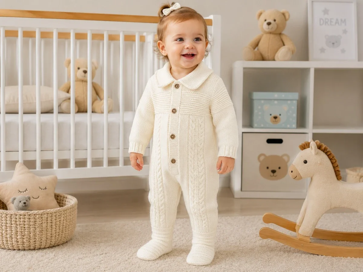 Knitted Baby Romper with Peter Pan Collar - Cream - Has Bereket - by Peralane