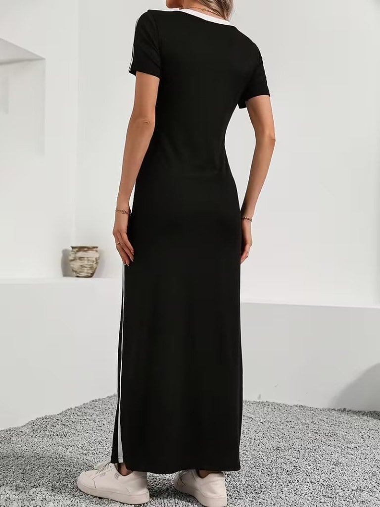 Women's Black V-Neck Short Sleeve Side Stripe Viscose Long Dress - Janes - by Peralane - photo 5