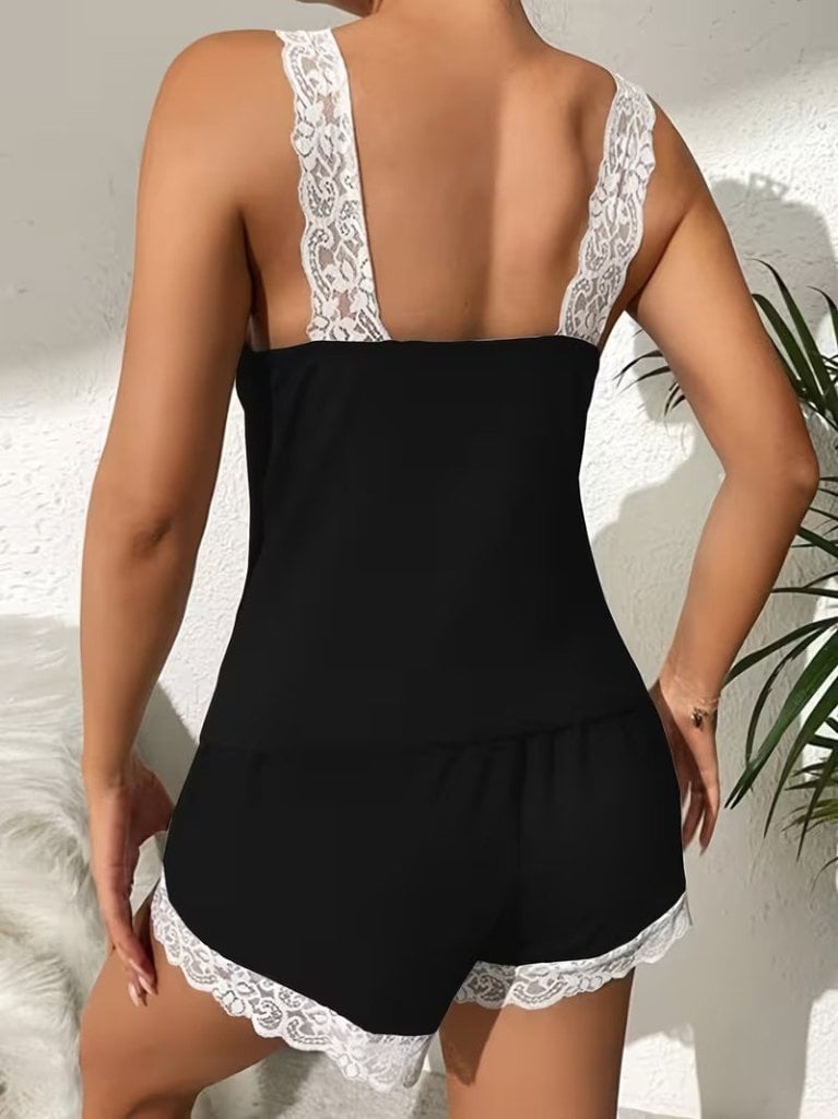 Women's V-Neck Camisole and Shorts Pyjama Set in Black with Lace Trim - Janes - by Peralane - photo 3