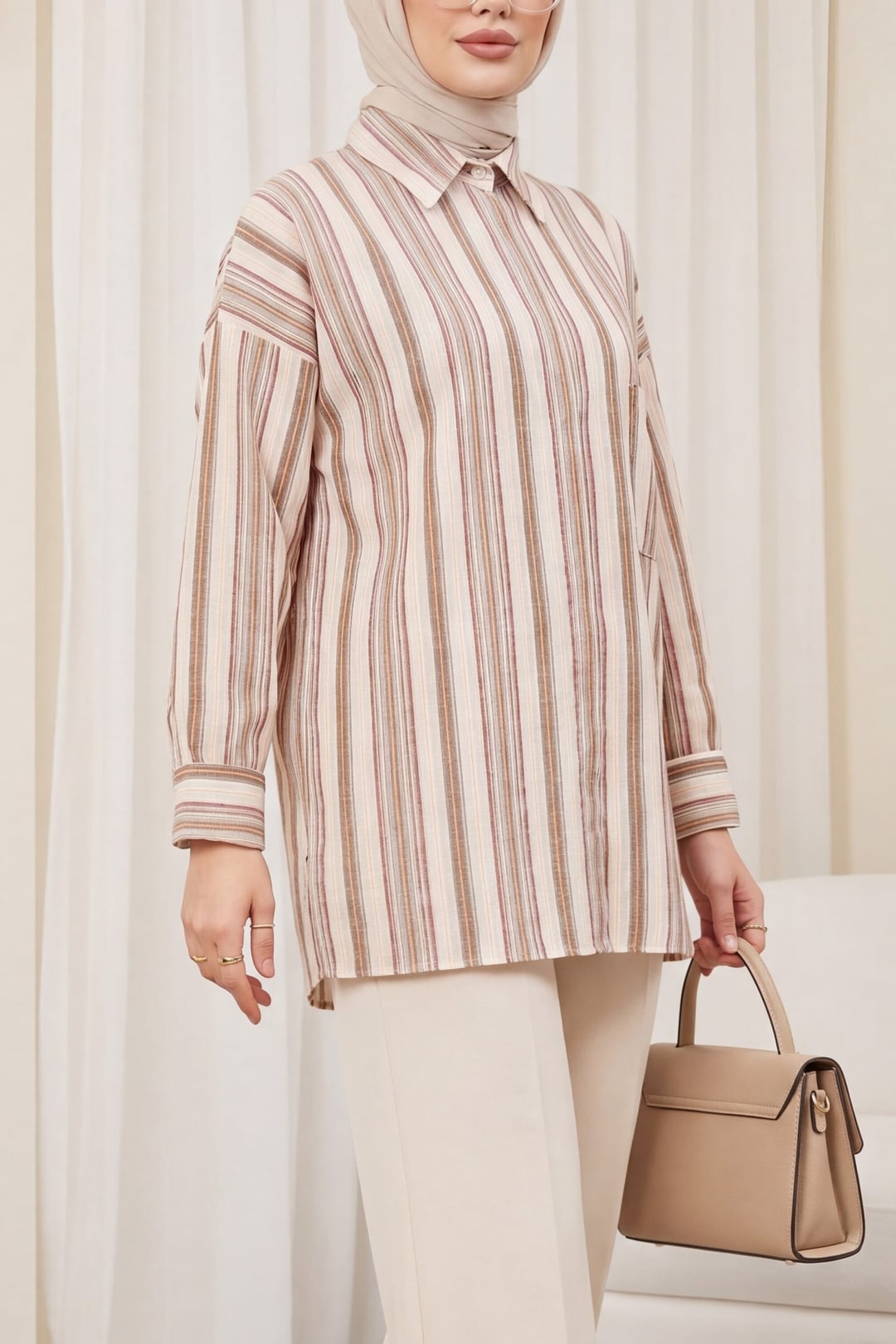 Oversize Striped Shirt with Single Pocket - Brown - Podyumplus - by Peralane