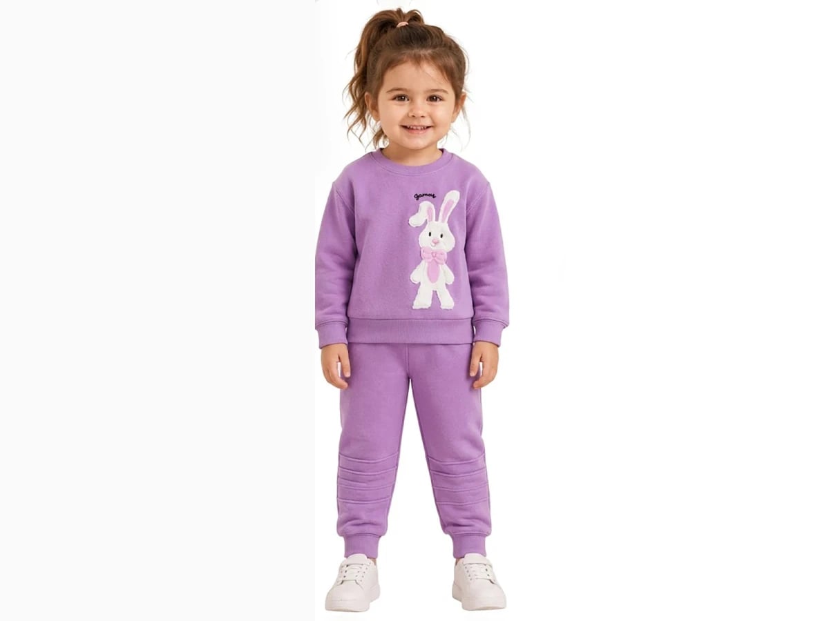 Girls' Knit Sweatshirt and Trousers Set with Bunny Appliqué - Lavender - Bittos Kids - by Peralane