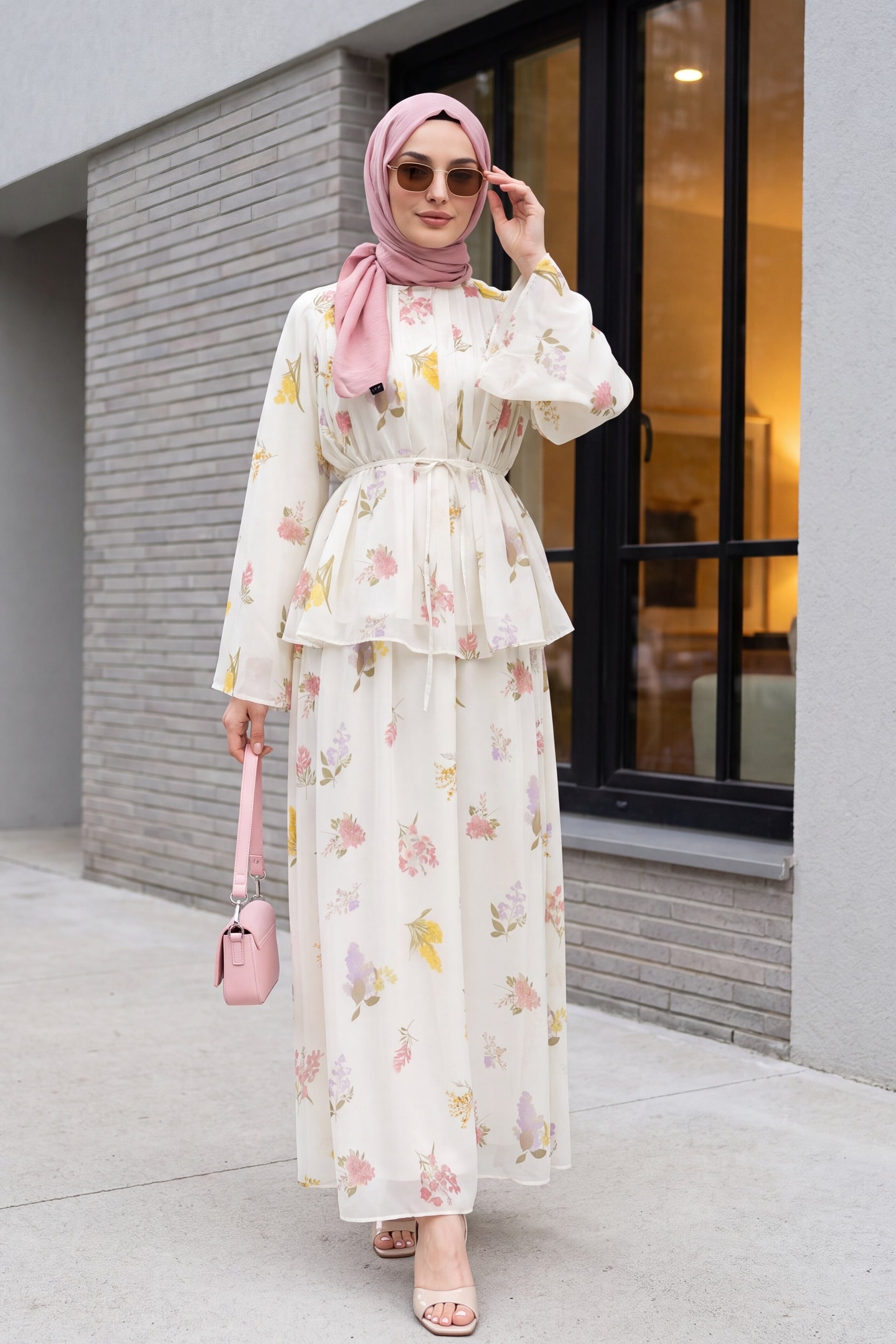 Ecru Floral Print Lined Tie Belt Chiffon Two-Piece Set with Skirt - Podyumplus - by Peralane