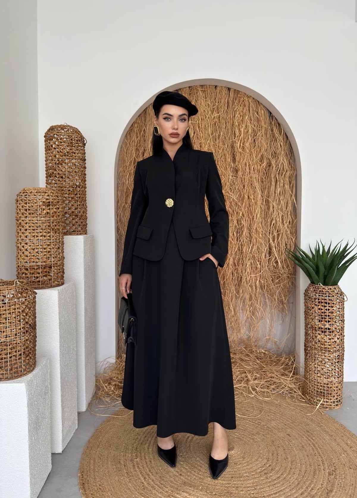 Black Satin Blazer with Flap Pockets and Gold Button - Etika - by Peralane - photo 6