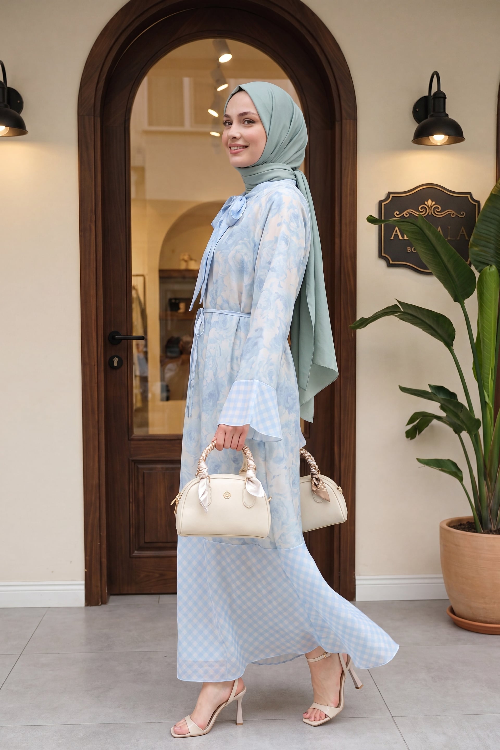 Light Blue Floral Gingham Print Tie-Waist Chiffon Dress - Podyumplus - by Peralane - photo 2