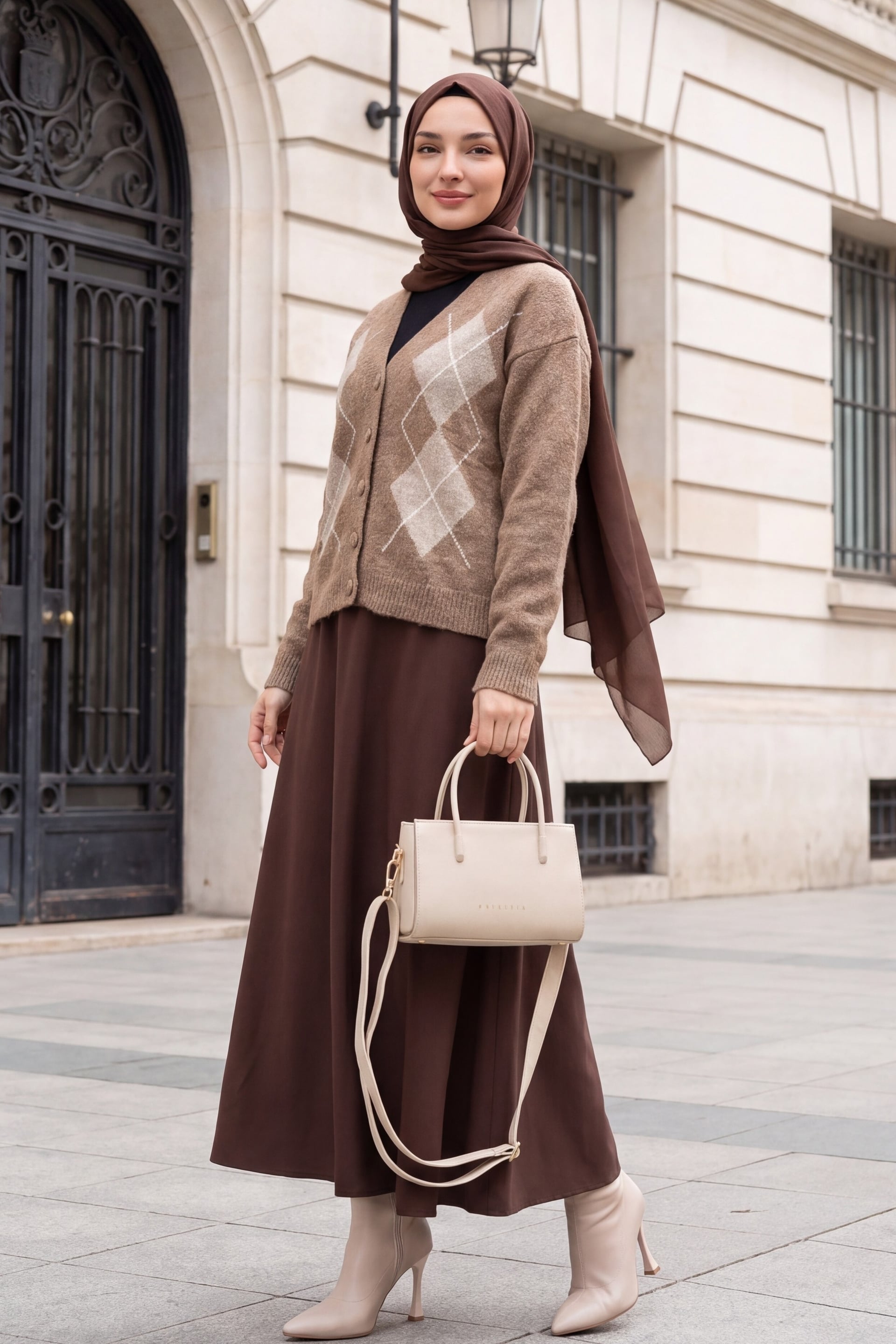 Round Neck, Button-Front Diamond Pattern Soft-touch Knit Cardigan - Mink - Podyumplus - by Peralane - photo 3