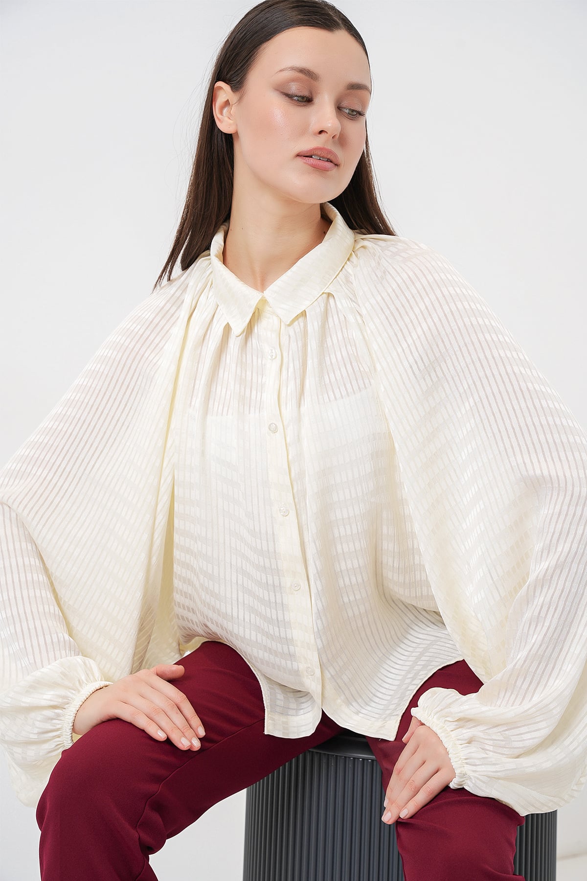 Women's Oversize Batwing Sleeve Blouse 20368 - Ecru - Bigdart - by Peralane