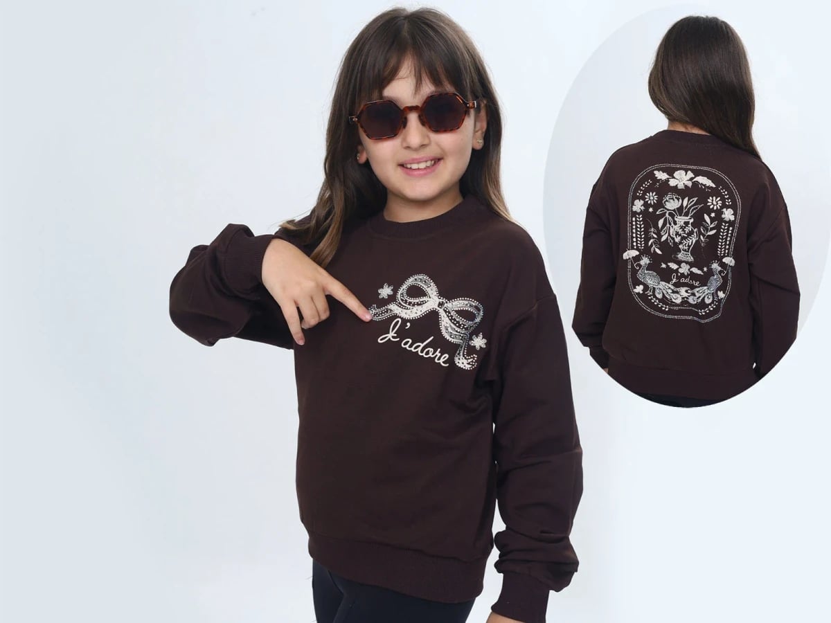 Girls' Embroidered Bow Sweatshirt - Dark Brown - Vizviz - by Peralane