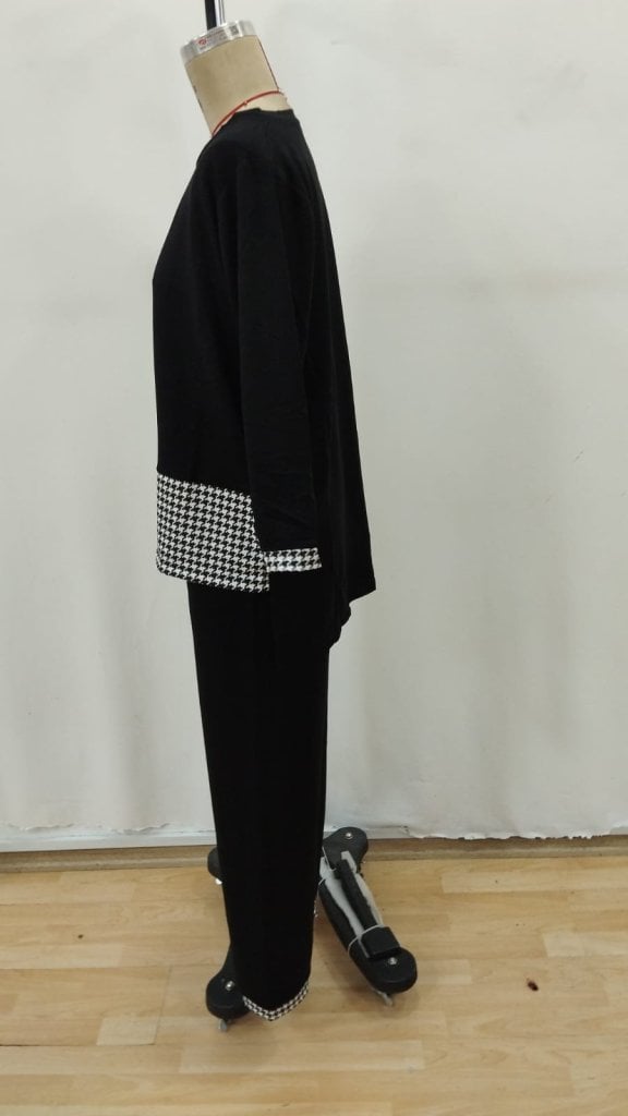 Women's Long-Sleeve Round Neck Houndstooth Trim Viscose Two-Piece Set - Janes - by Peralane - photo 5