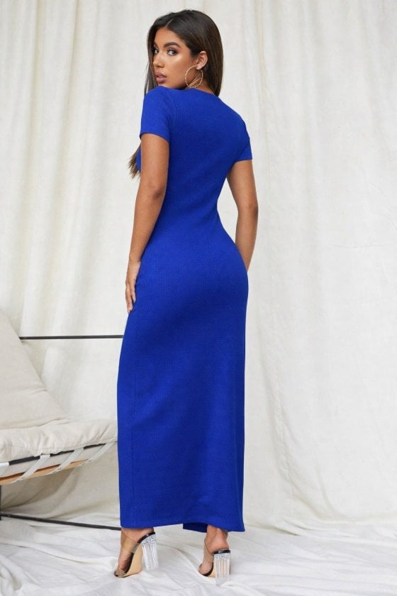 Women's Short-Sleeved V-Neck Button-Front Maxi Dress in Royal Blue - Janes - by Peralane - photo 3