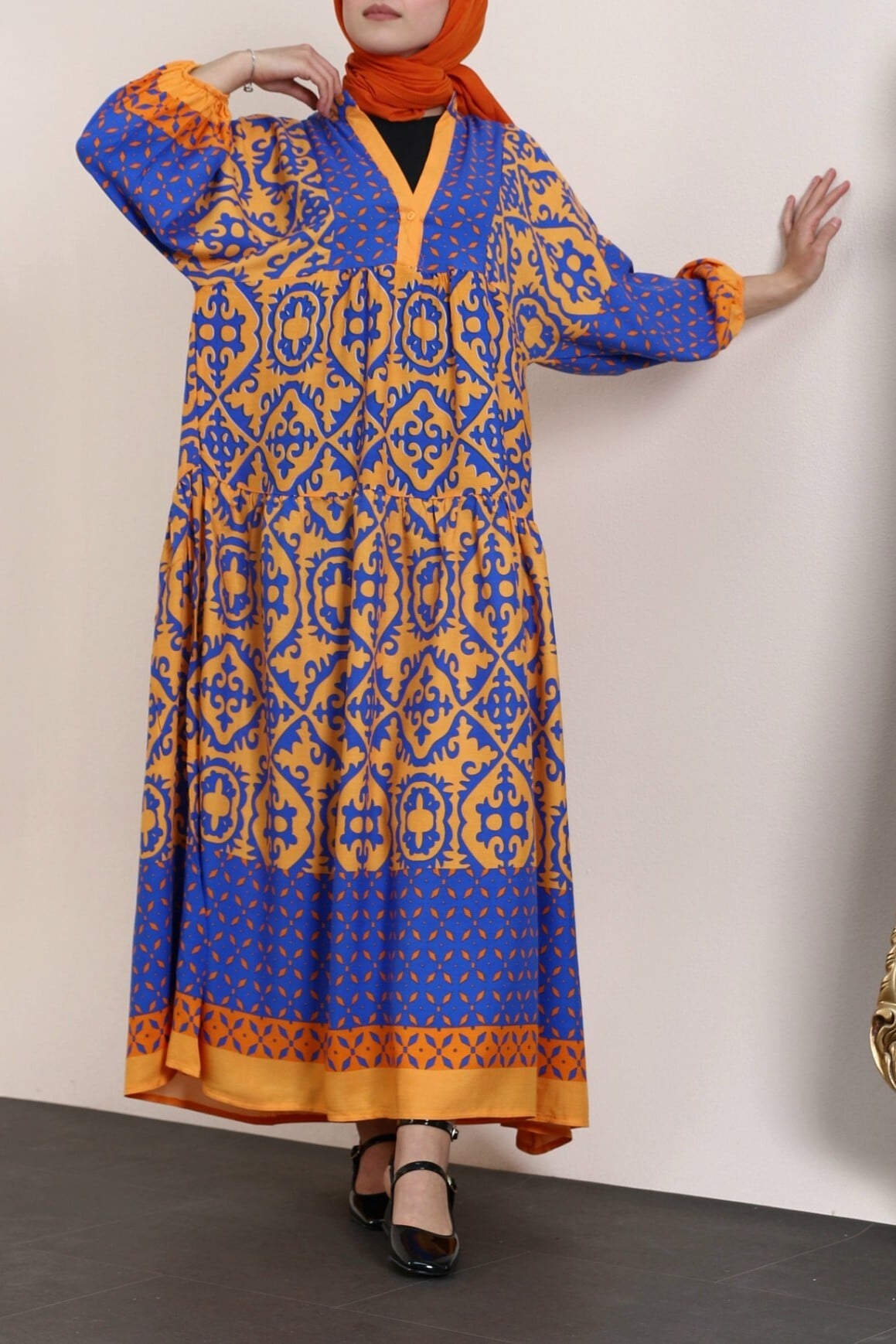 V-Neck Batwing Sleeve Patchwork Viscose Dress - Orange - Podyumplus - by Peralane