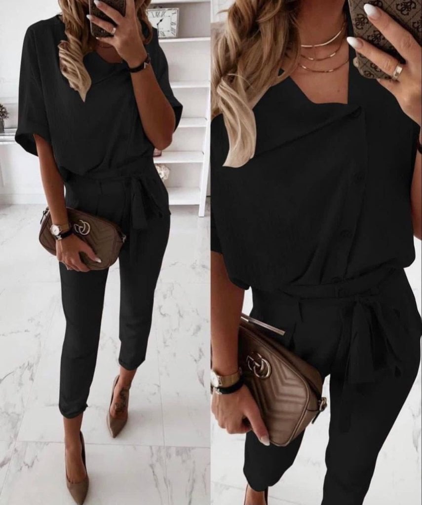 Women's Short-Sleeved Collared Button-Front Crinkled Blouse and Trousers Two-Piece Set - Janes - by Peralane
