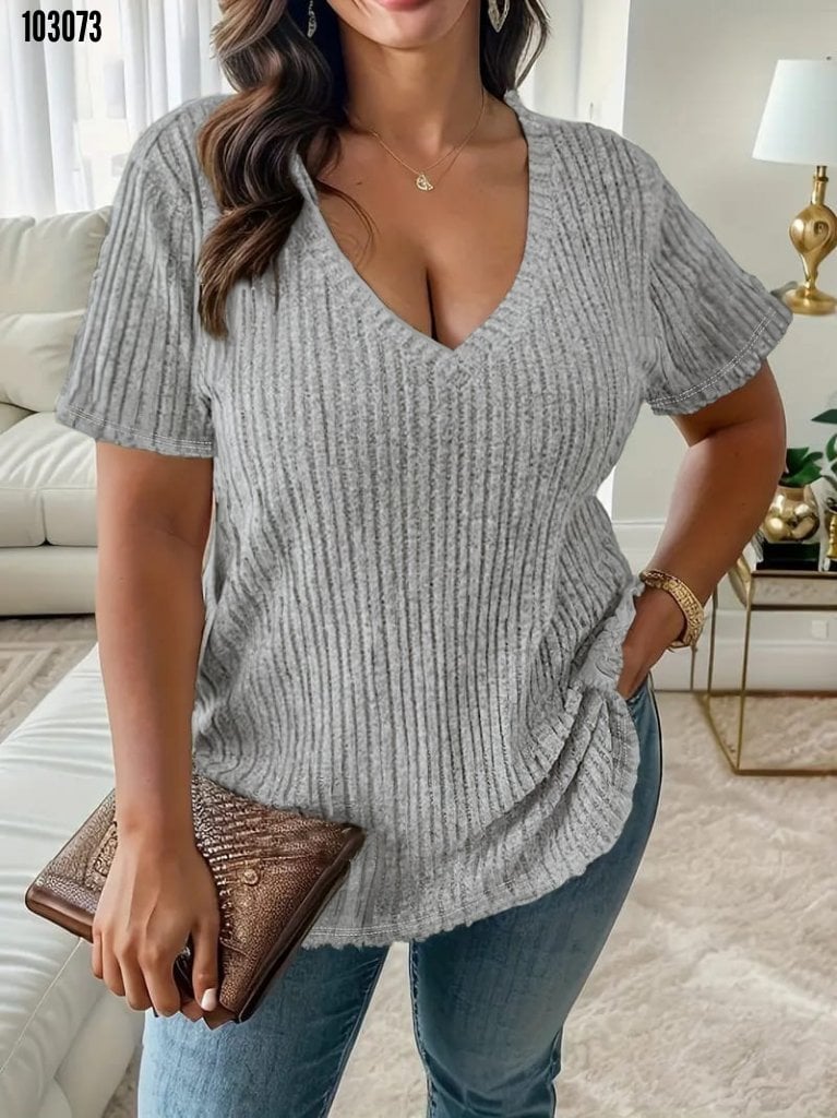 Women's Grey Short-Sleeve V-Neck Ribbed Knit T-Shirt - Janes - by Peralane