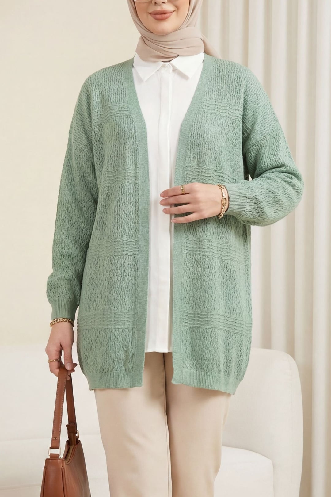 Mint Open Front Knit Cardigan with Eyelet Wave Pattern - Podyumplus - by Peralane