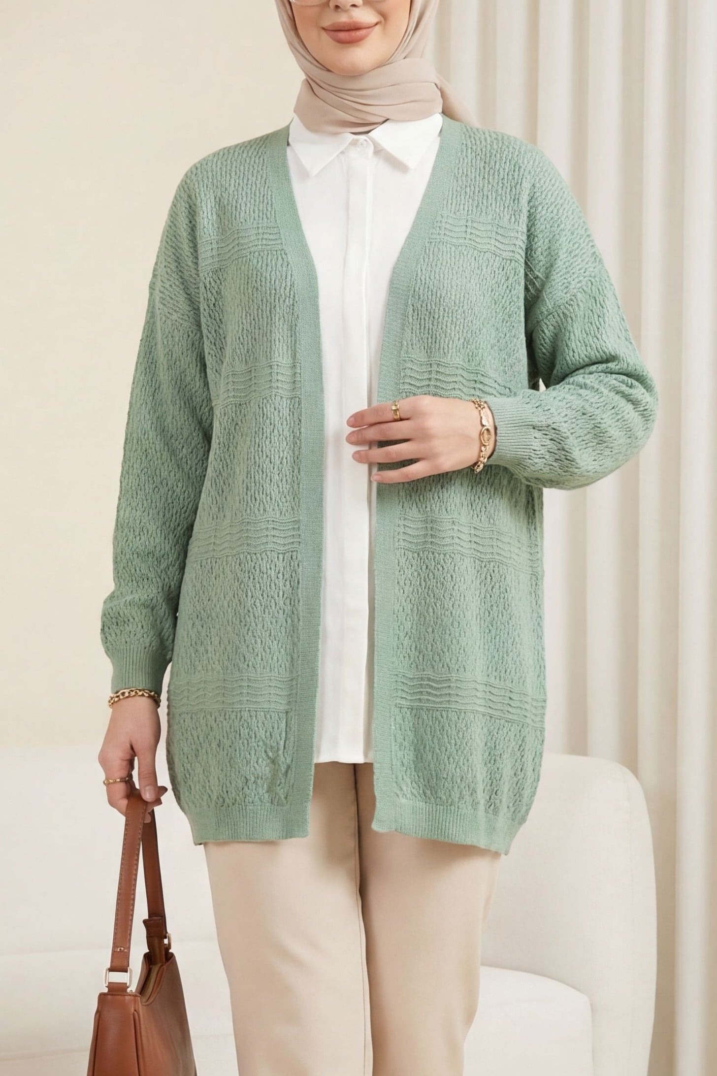 Mint Open Front Knit Cardigan with Eyelet Wave Pattern - Podyumplus - by Peralane