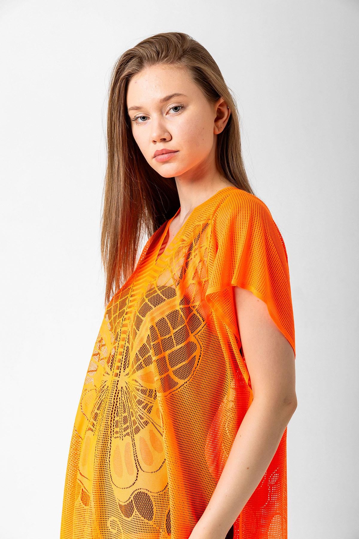 Orange Butterfly Print Fringed Sheer Kaftan Pareo - Nesvay - by Peralane - photo 4