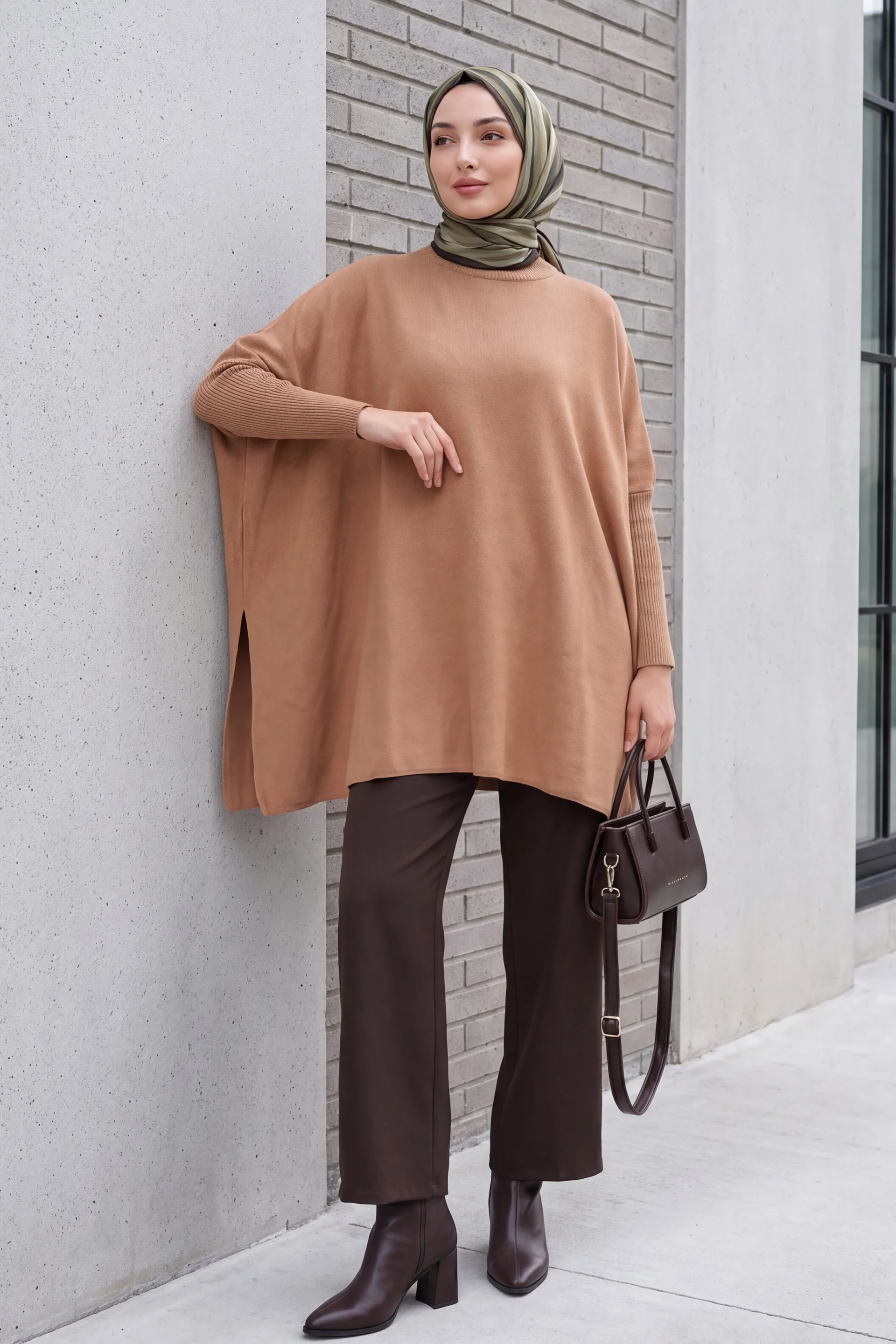 Camel Brown Oversized Poncho Knit Sweater with Side Slits - Bigdart - by Peralane - photo 3