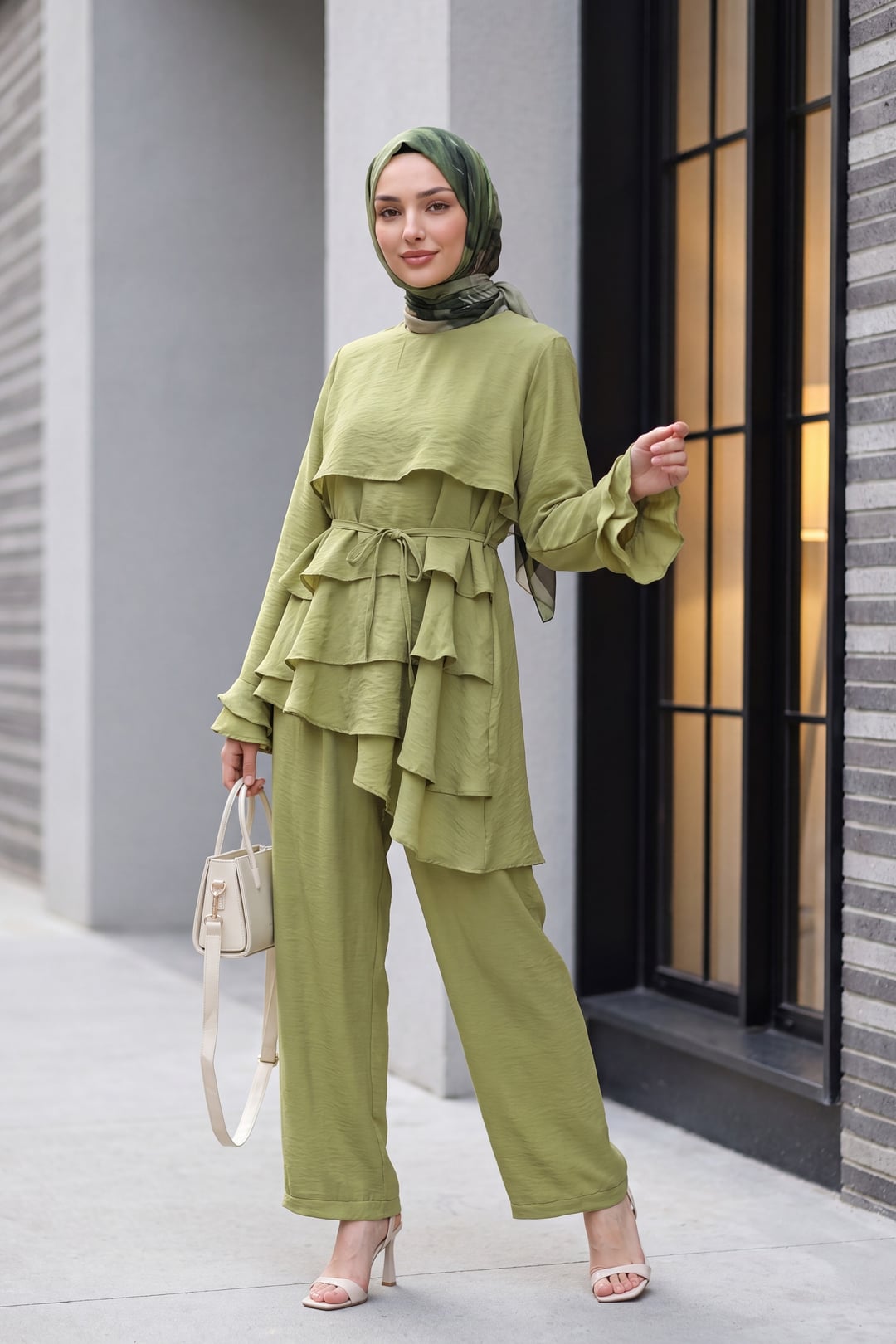 Asymmetric Layered Lace-Up Trousers Lined Cupra Set - Light Green - Podyumplus - by Peralane - photo 3